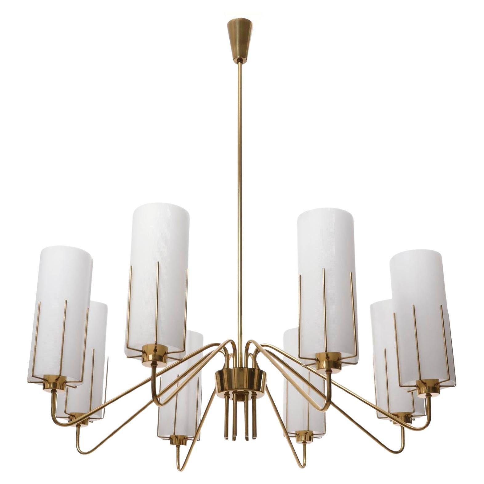 Large Chandelier, Opaline Frosted White Milk Plexiglass Acrylic Brass, 1960s