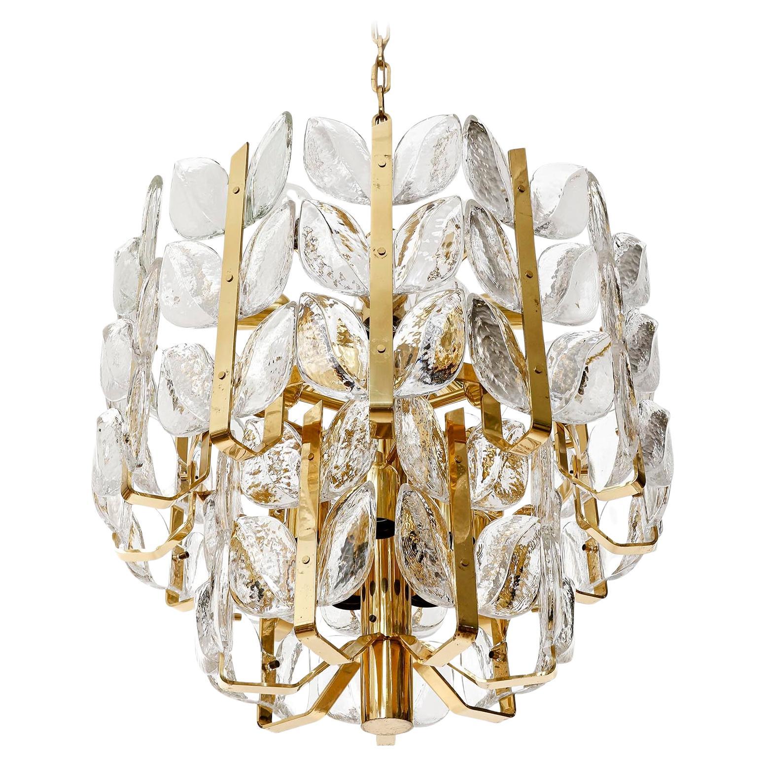 Mid-Century Modern Large Chandelier Pendant Light 'Florida' by J.T. Kalmar, Glass and Brass, 1970s For Sale