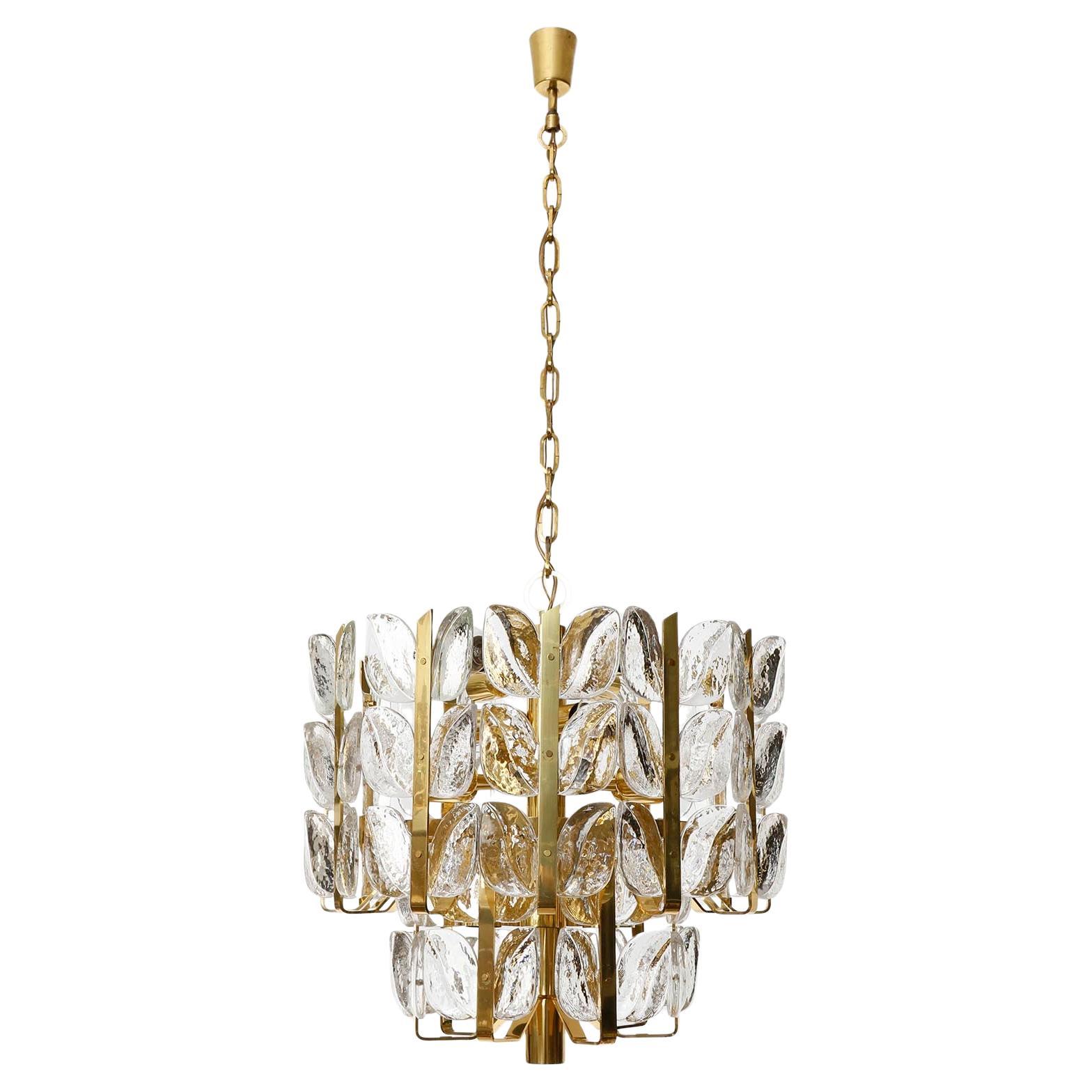 Polished Large Chandelier Pendant Light 'Florida' by J.T. Kalmar, Glass and Brass, 1970s For Sale