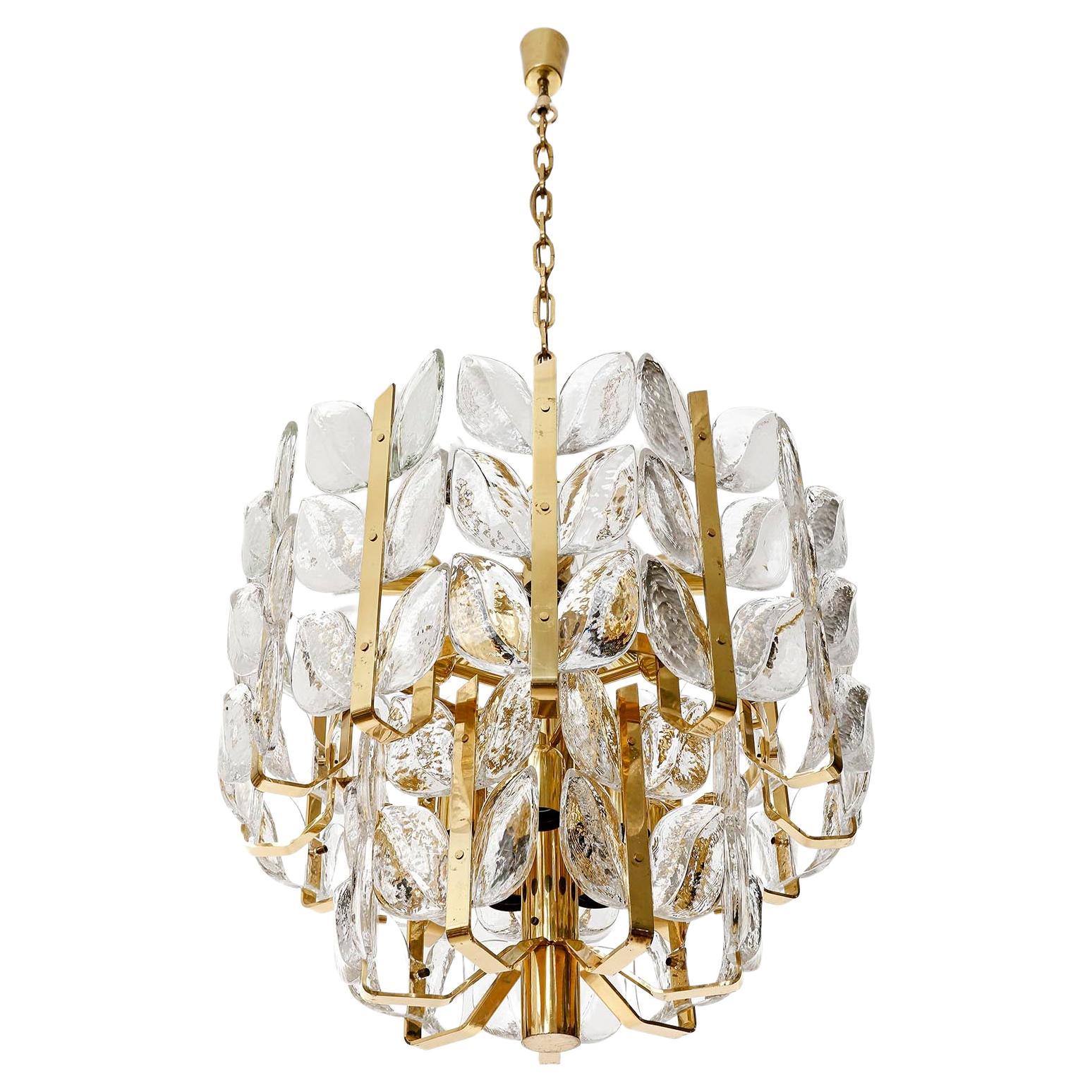 Late 20th Century Large Chandelier Pendant Light 'Florida' by J.T. Kalmar, Glass and Brass, 1970s For Sale