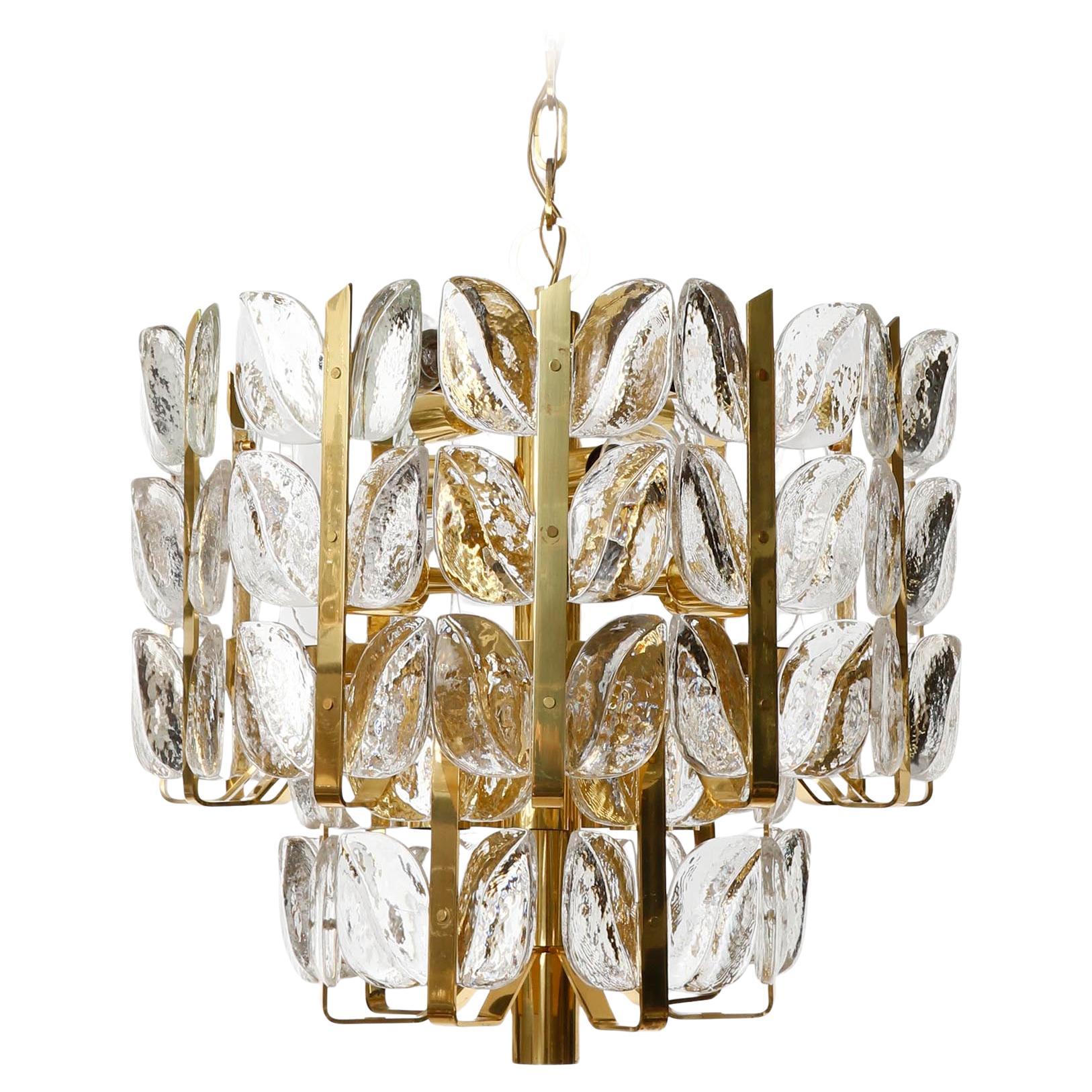 Large Chandelier Pendant Light 'Florida' by J.T. Kalmar, Glass and Brass, 1970s