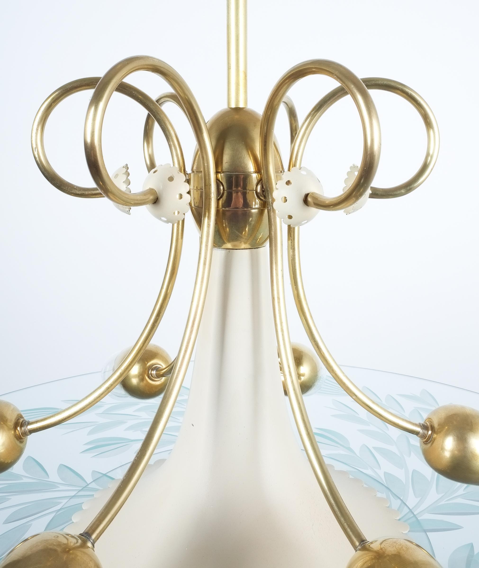 Luigi Brusotti Art Deco Chandelier Glass Brass, circa 1945, Italy For Sale 6