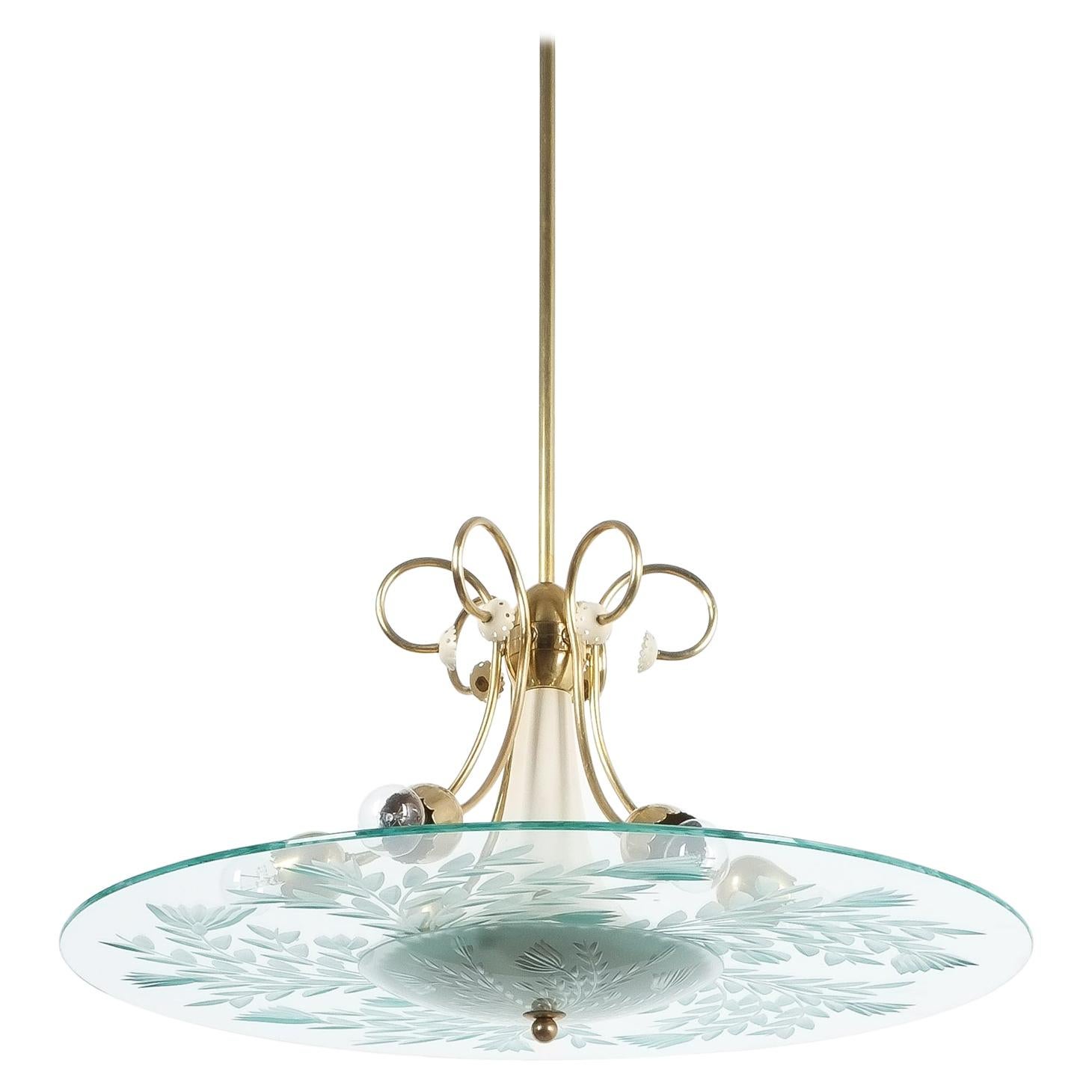 Luigi Brusotti Art Deco Chandelier Glass Brass, circa 1945, Italy