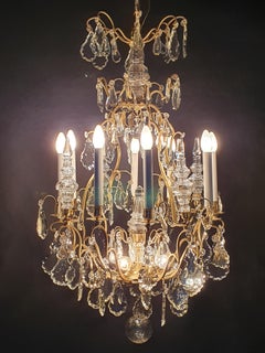 Large Chandelier Signed Baccarat in Gilt Bronze and Crystal Flag