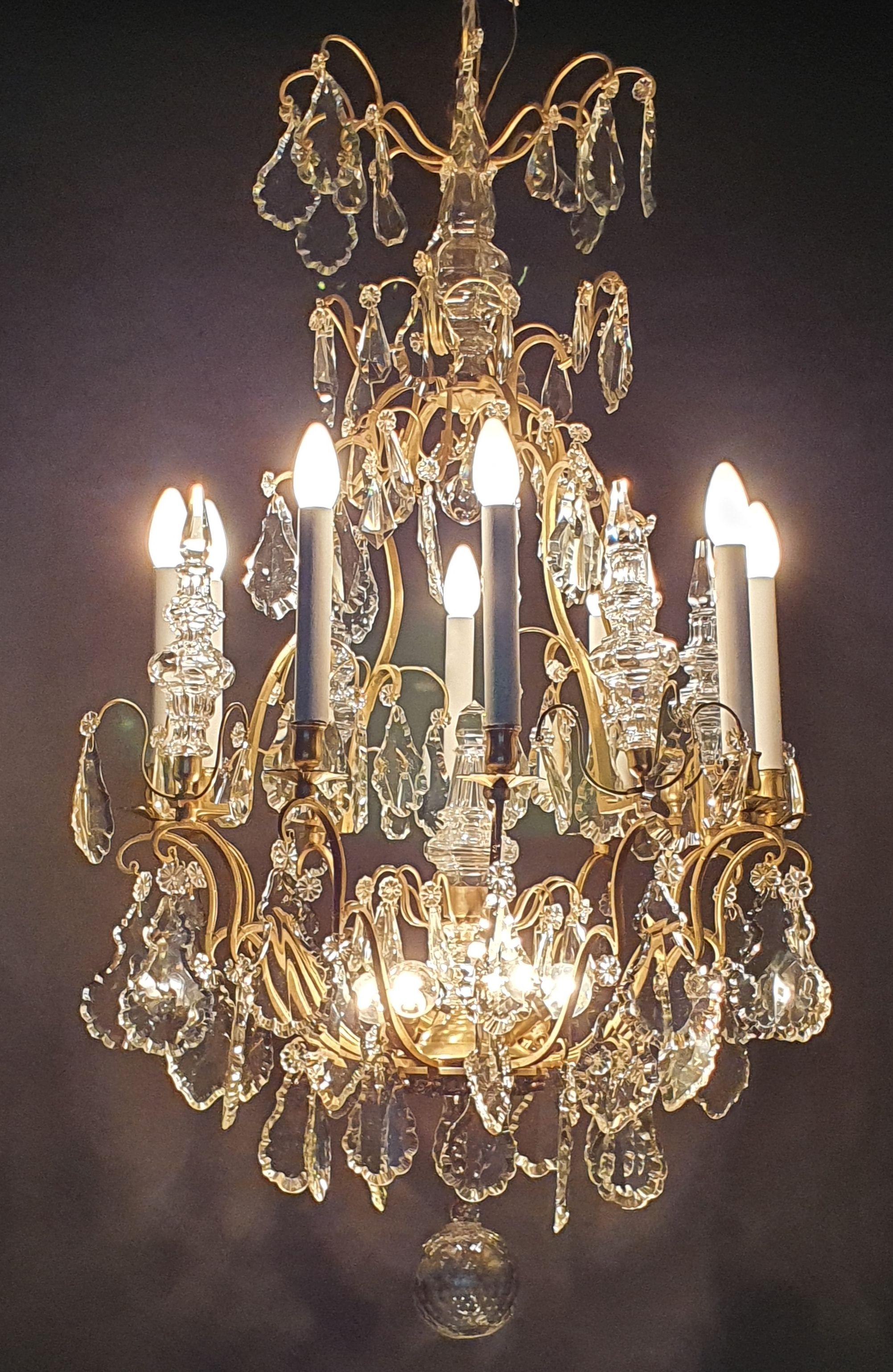 Louis XV Large Chandelier Signed Baccarat in Gilt Bronze and Crystal Flag