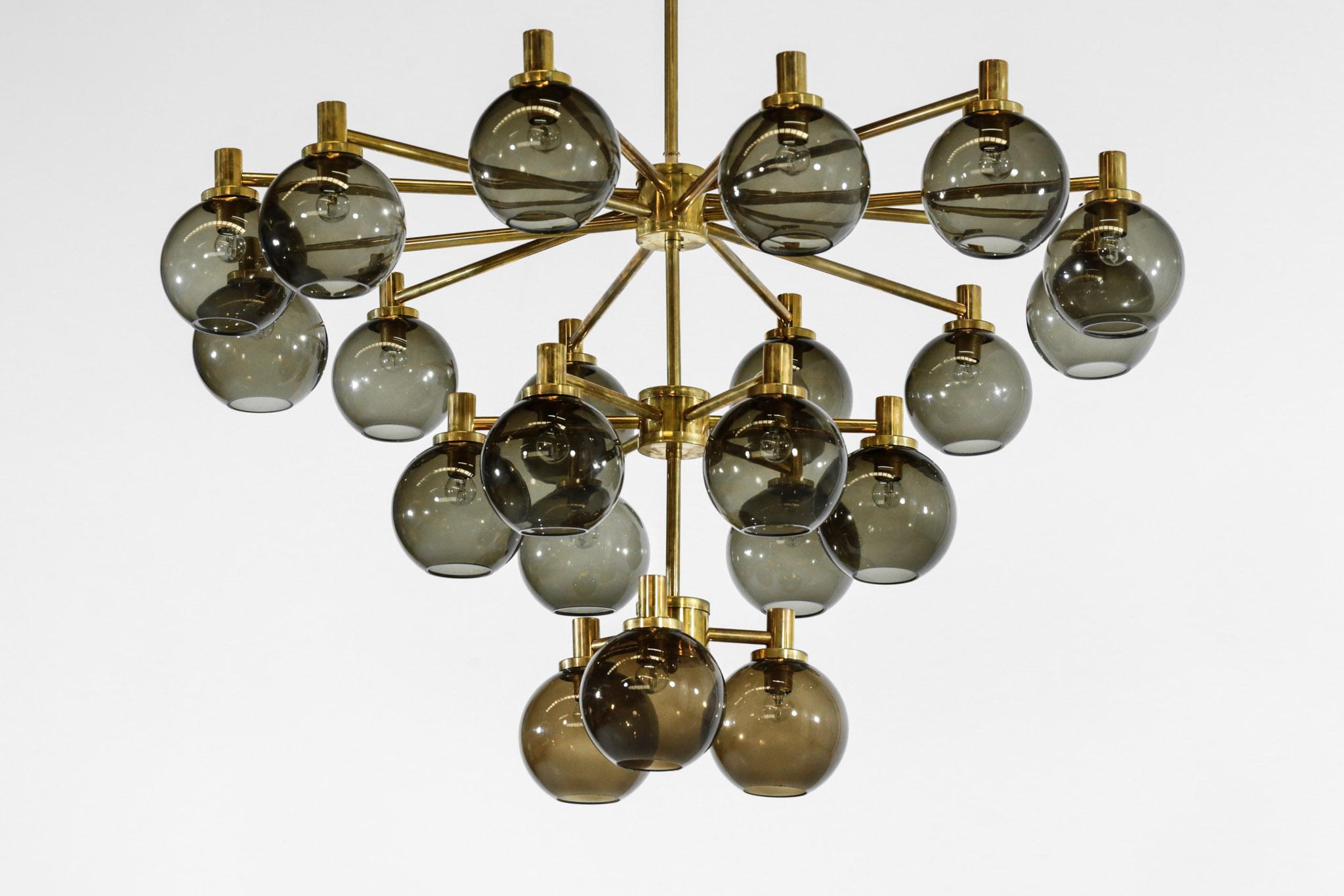 Brass Large Chandelier Smoked Glass Hans Agne Jakobsson Style Vintage For Sale