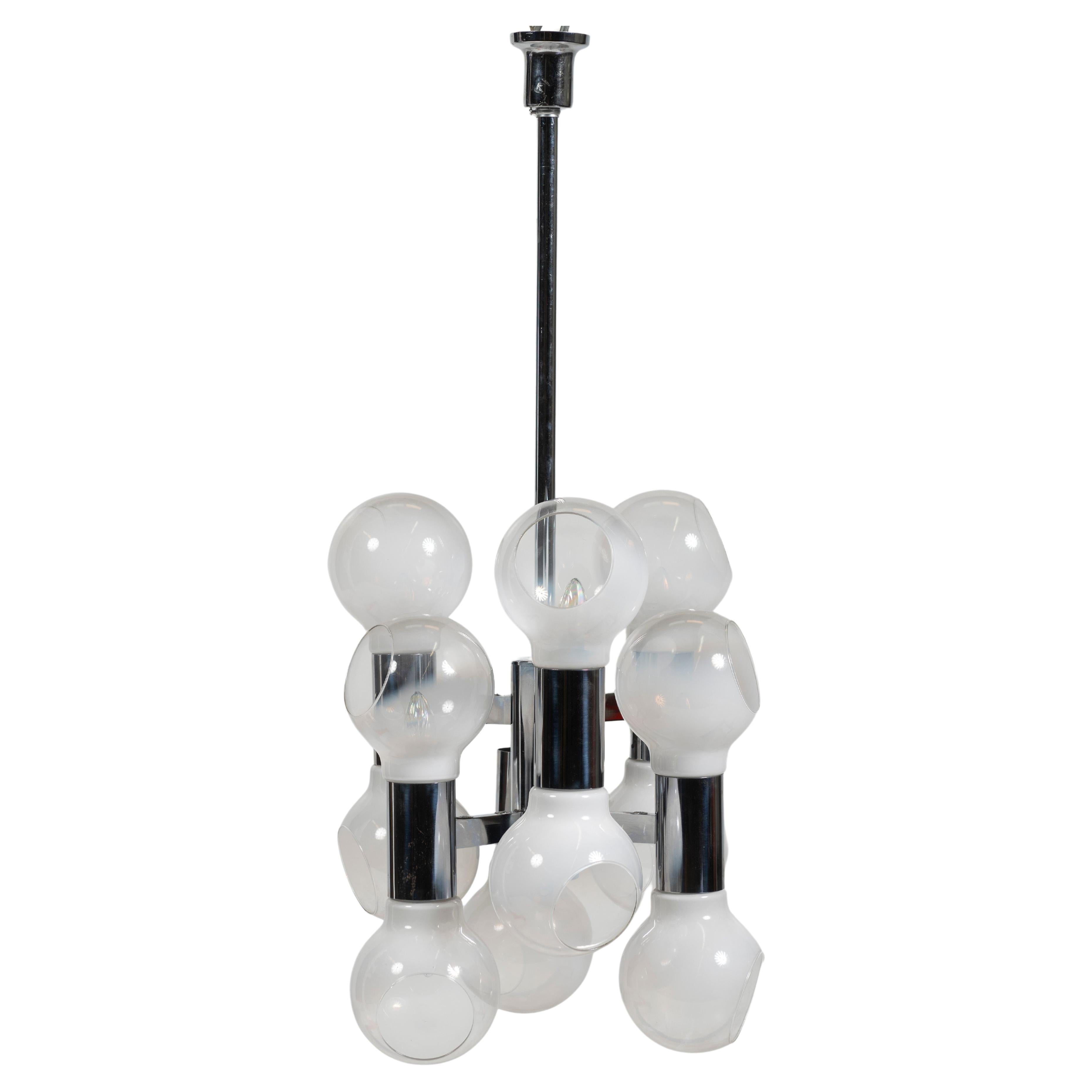 Large Chandelier with Blown Glass Shades, attributed to Reggiani, 1970s