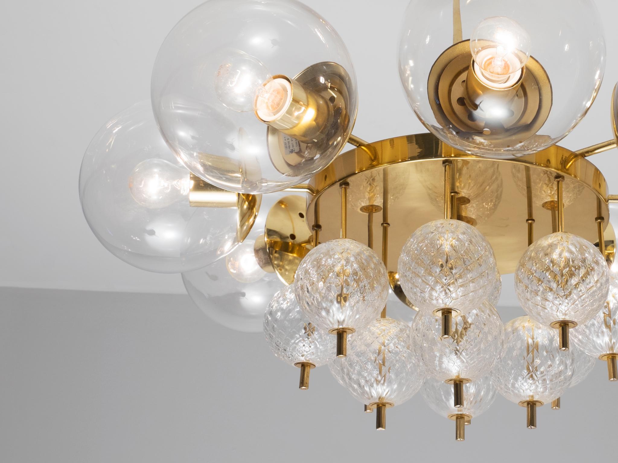 Mid-Century Modern Large Chandelier with Brass and Glass Bulbs