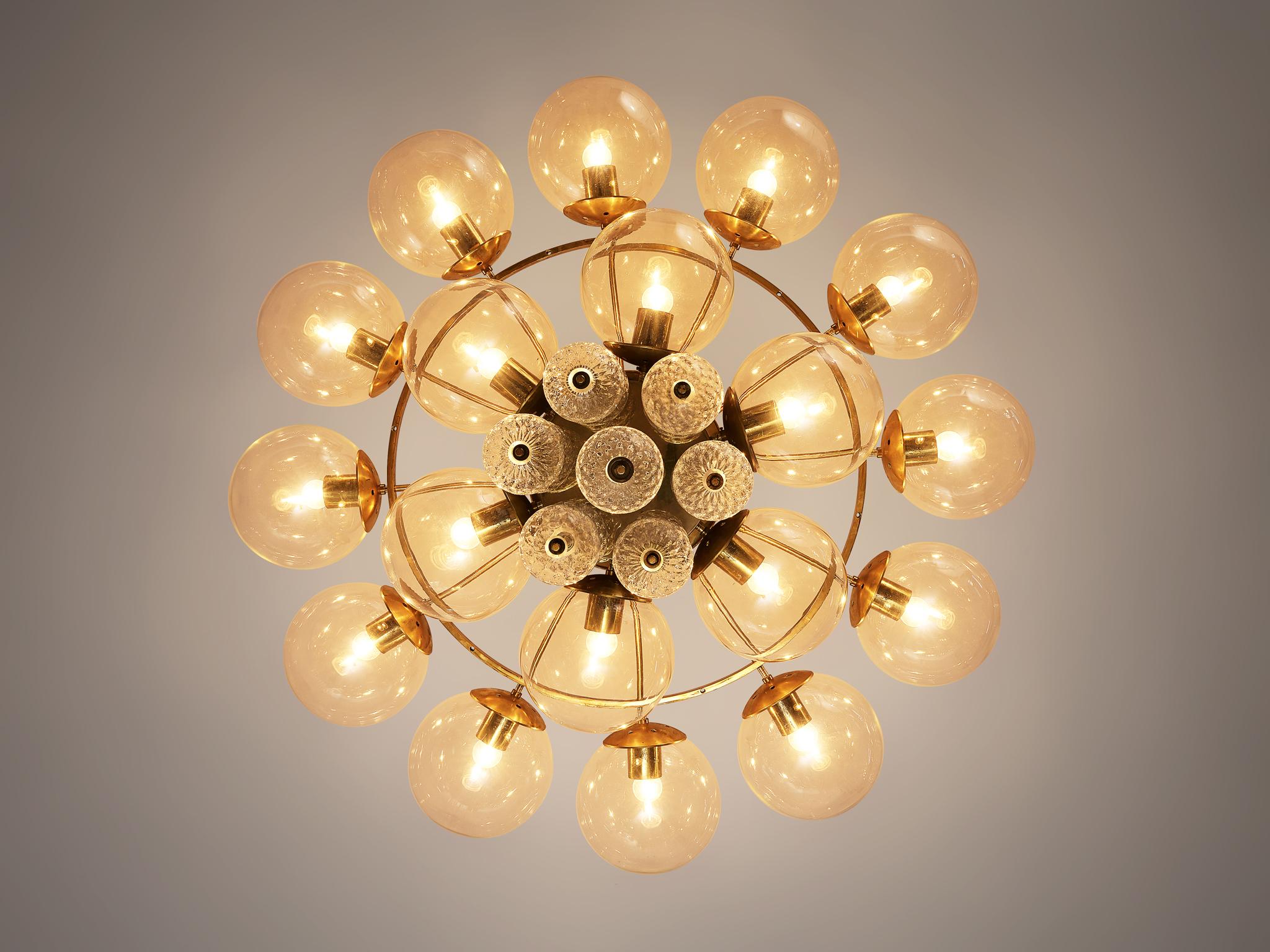 Mid-20th Century Large Chandelier with Brass and Glass Bulbs