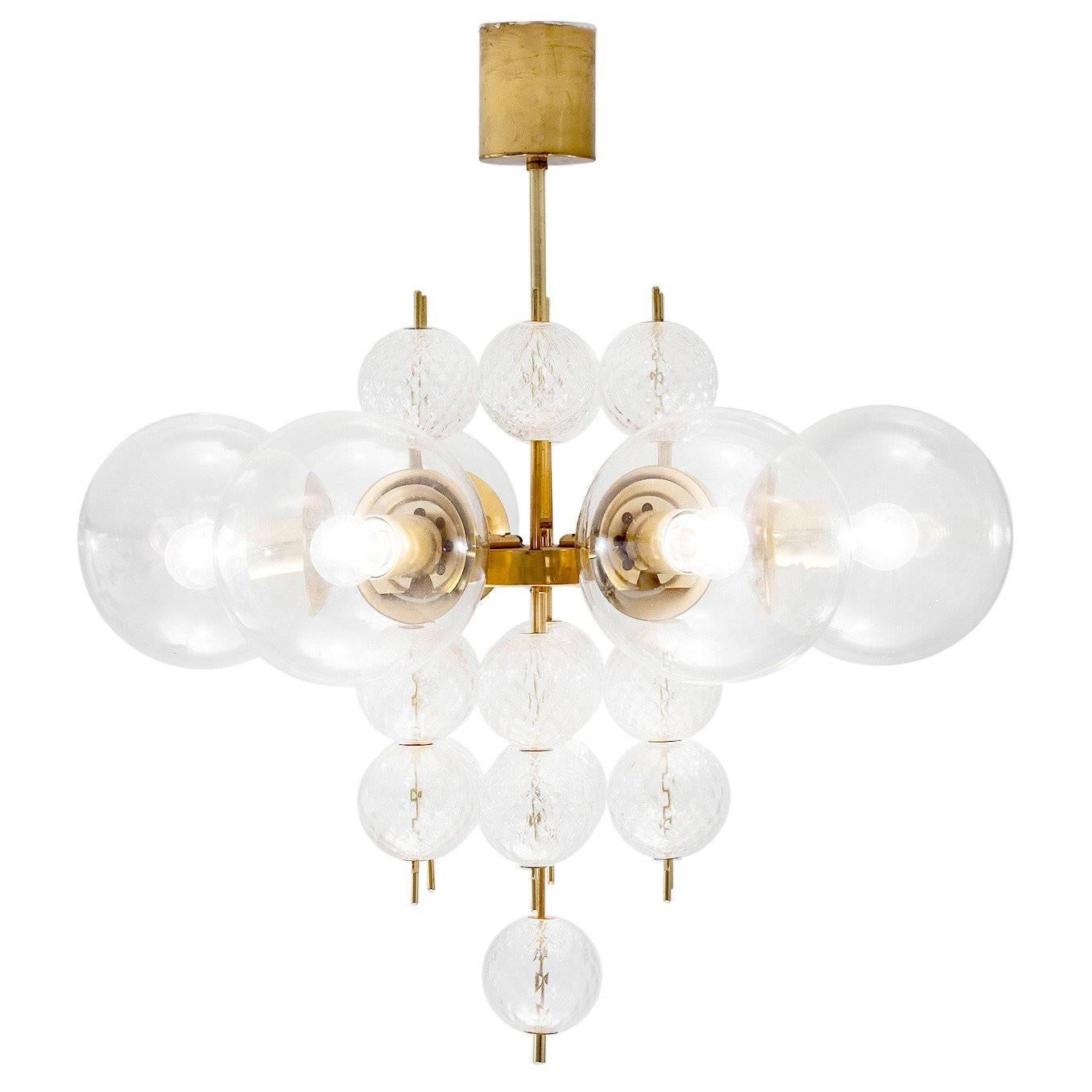 Large Chandelier with Brass and Structured Glass Bulbs