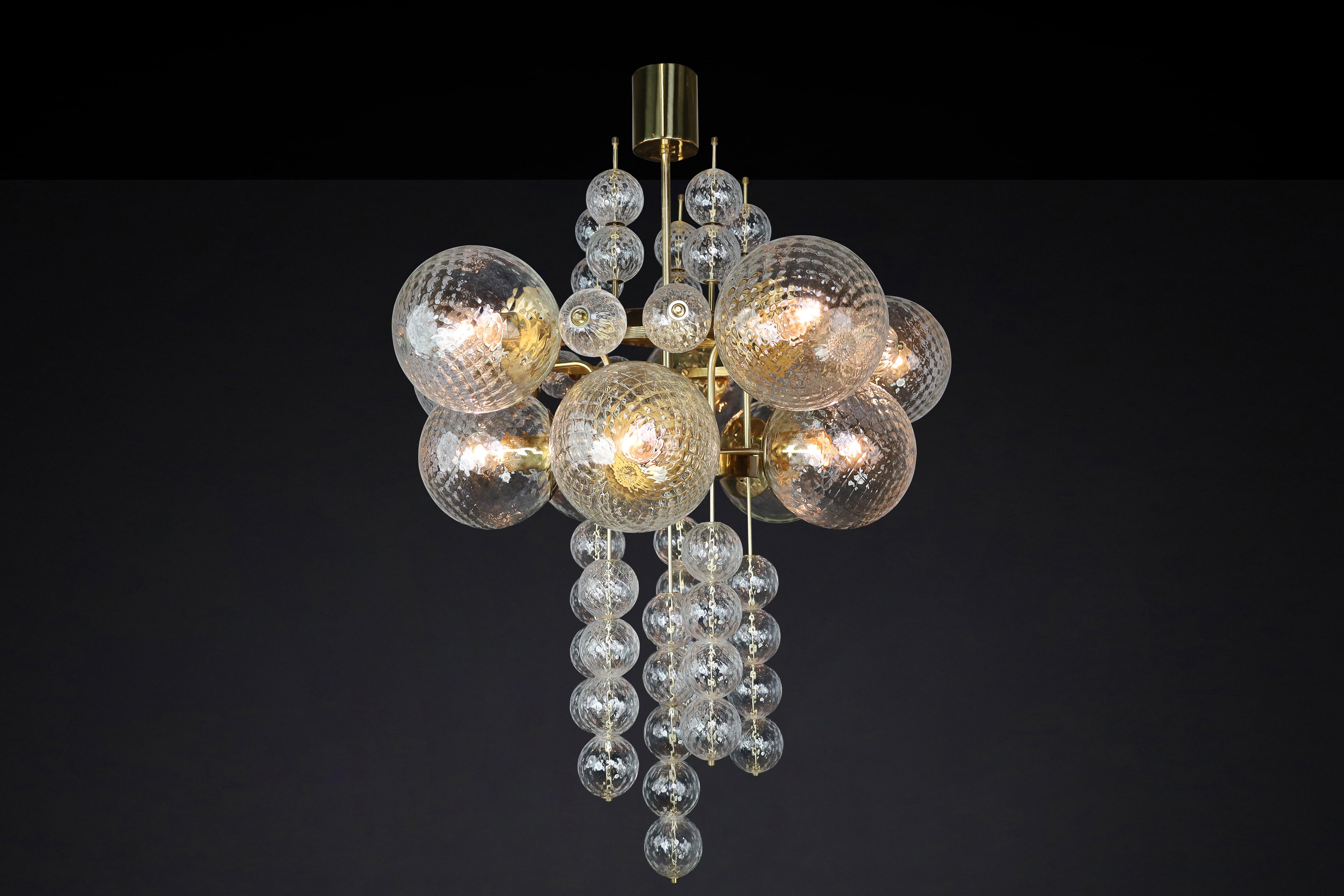 Large Chandelier with brass fixture and hand-blowed glass globes by Preciosa Cz. For Sale 3