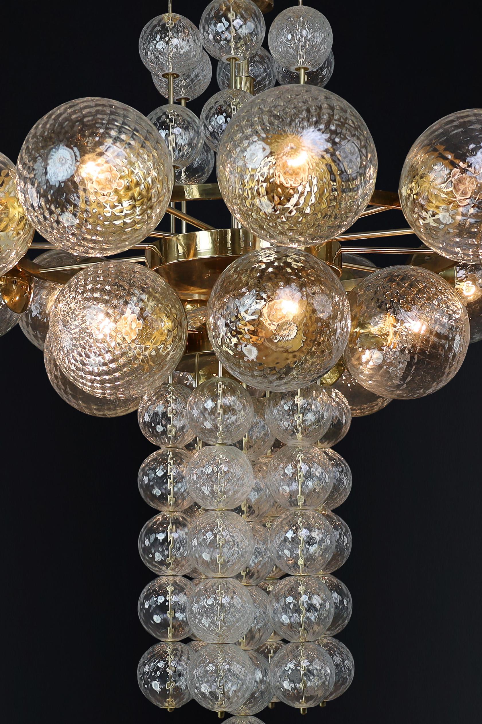 Large Chandelier with brass fixture and hand-blowed glass globes by Preciosa Cz. For Sale 5