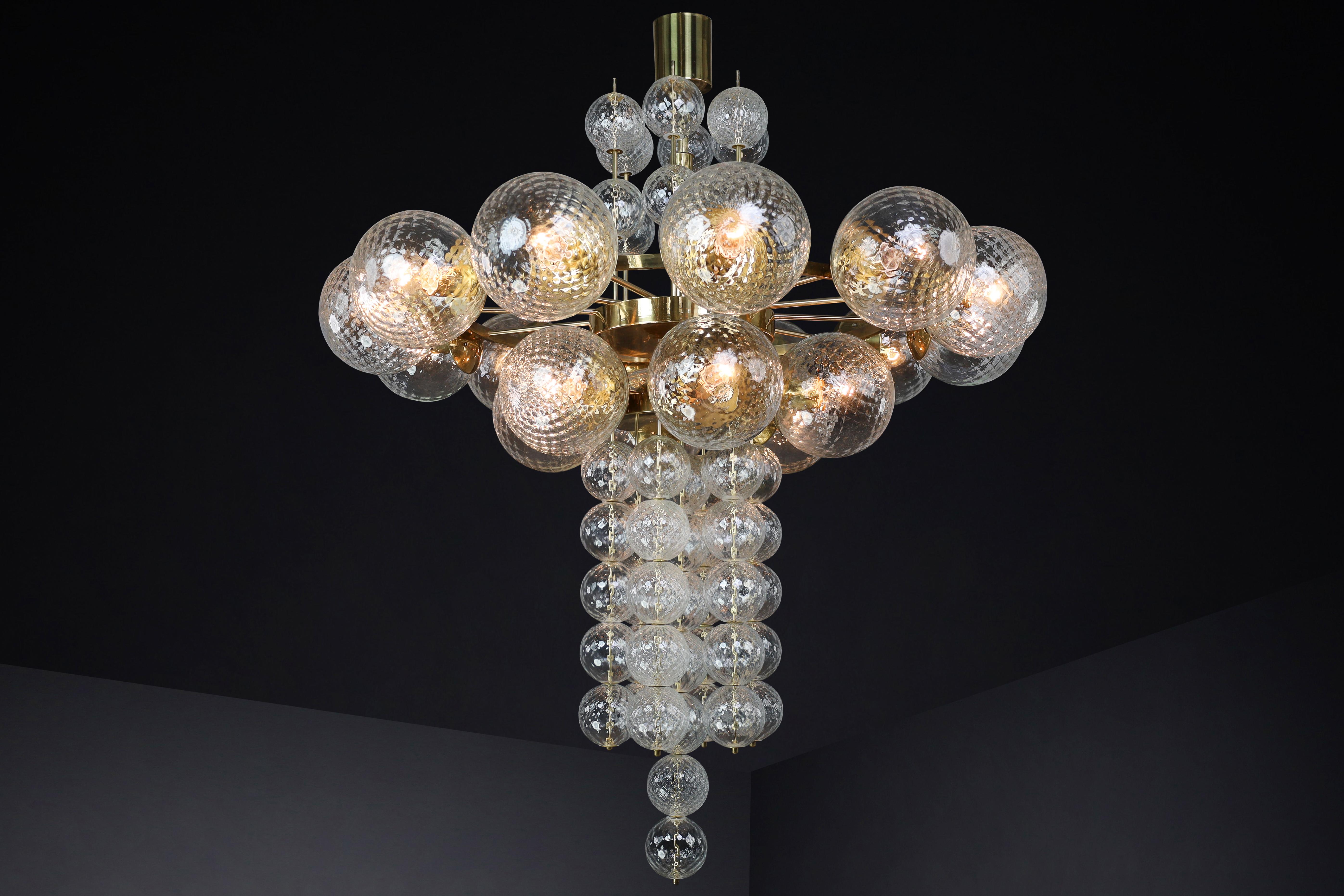 Large Chandelier with brass fixture and hand-blowed glass globes by Preciosa Cz. For Sale 8