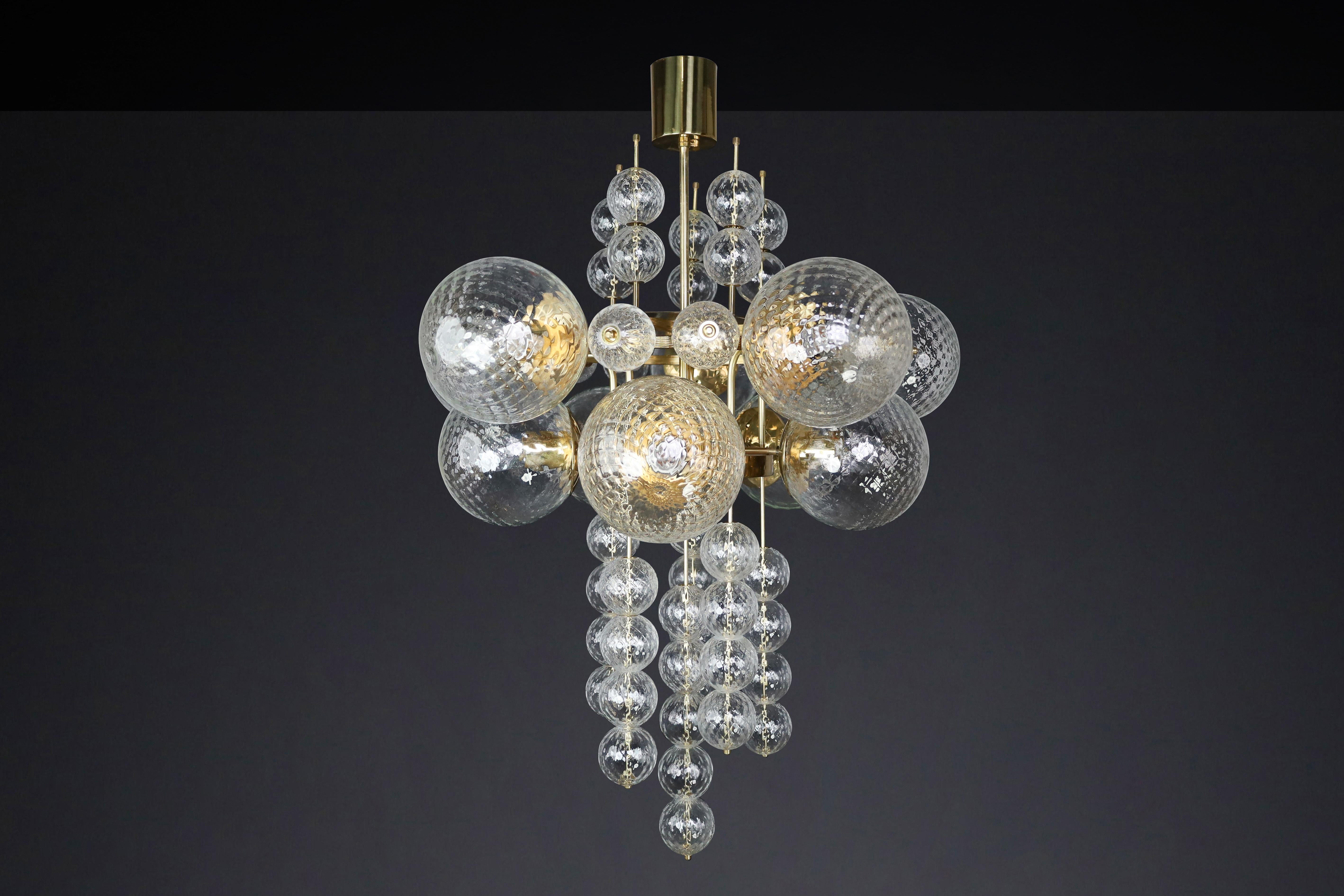 Large Chandelier with brass fixture and hand-blowed glass globes by Preciosa Cz. For Sale 8