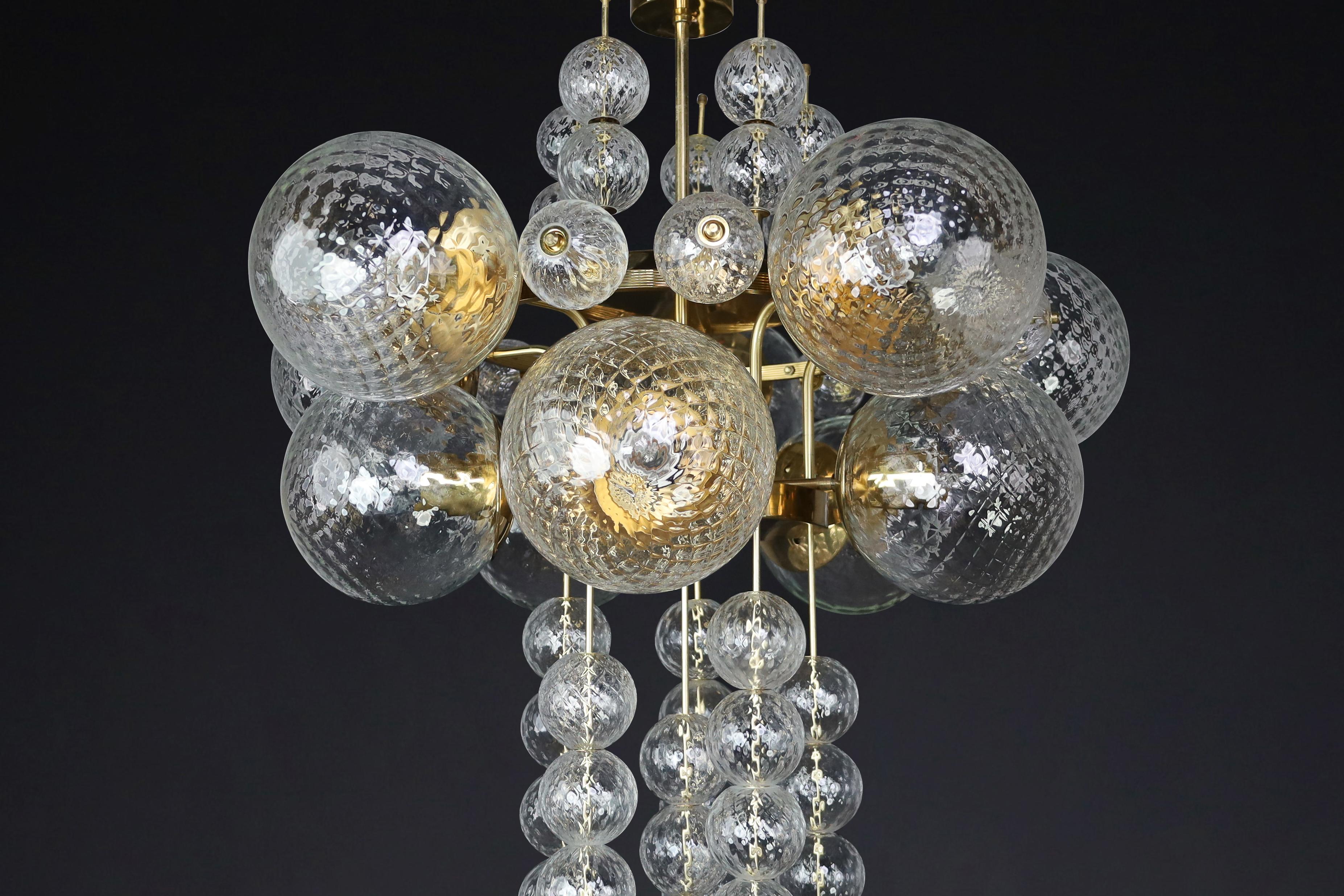Large Chandelier with brass fixture and hand-blowed glass globes by Preciosa Cz. For Sale 9