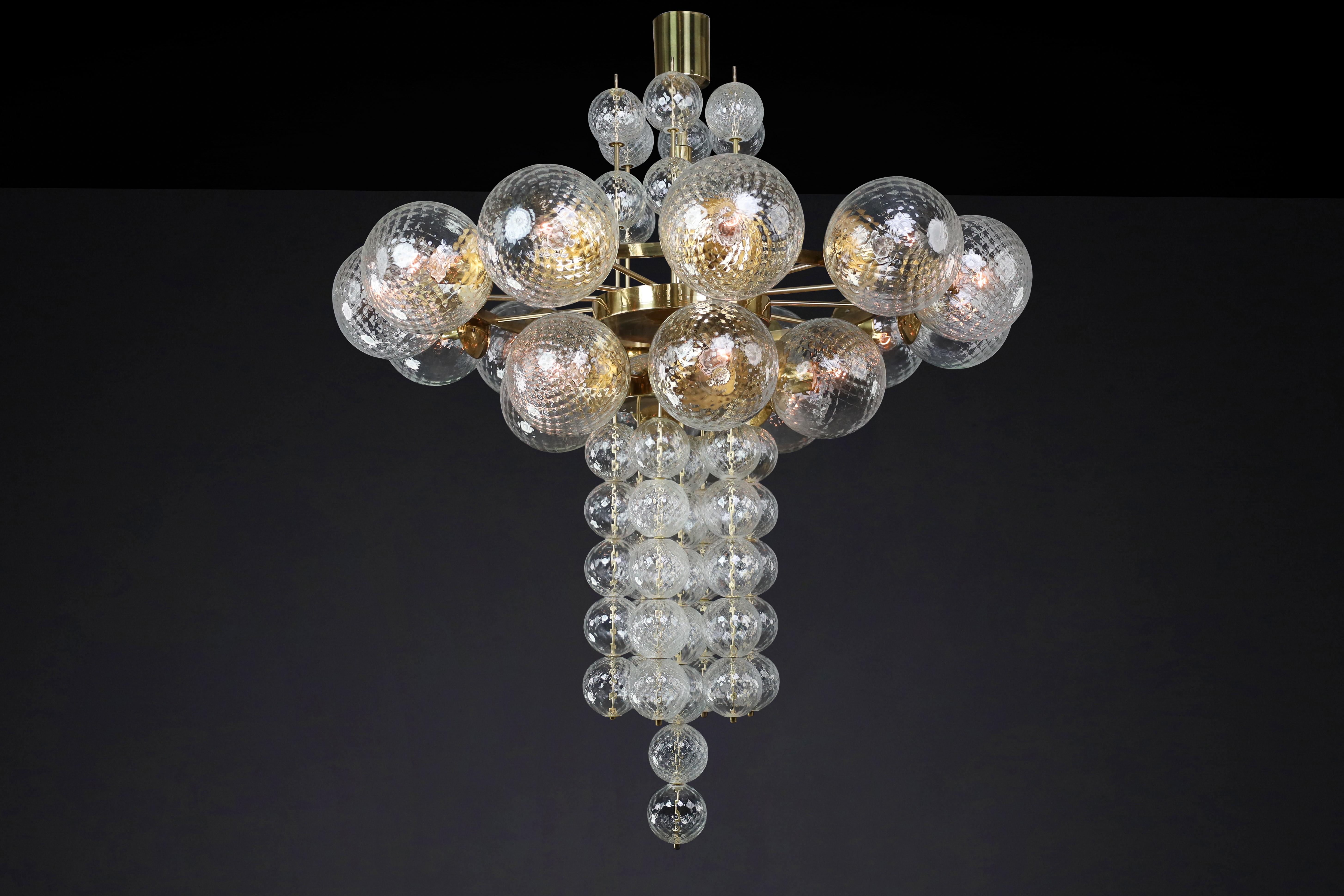 Large Chandelier with brass fixture and hand-blowed glass globes by Preciosa Cz. For Sale 12