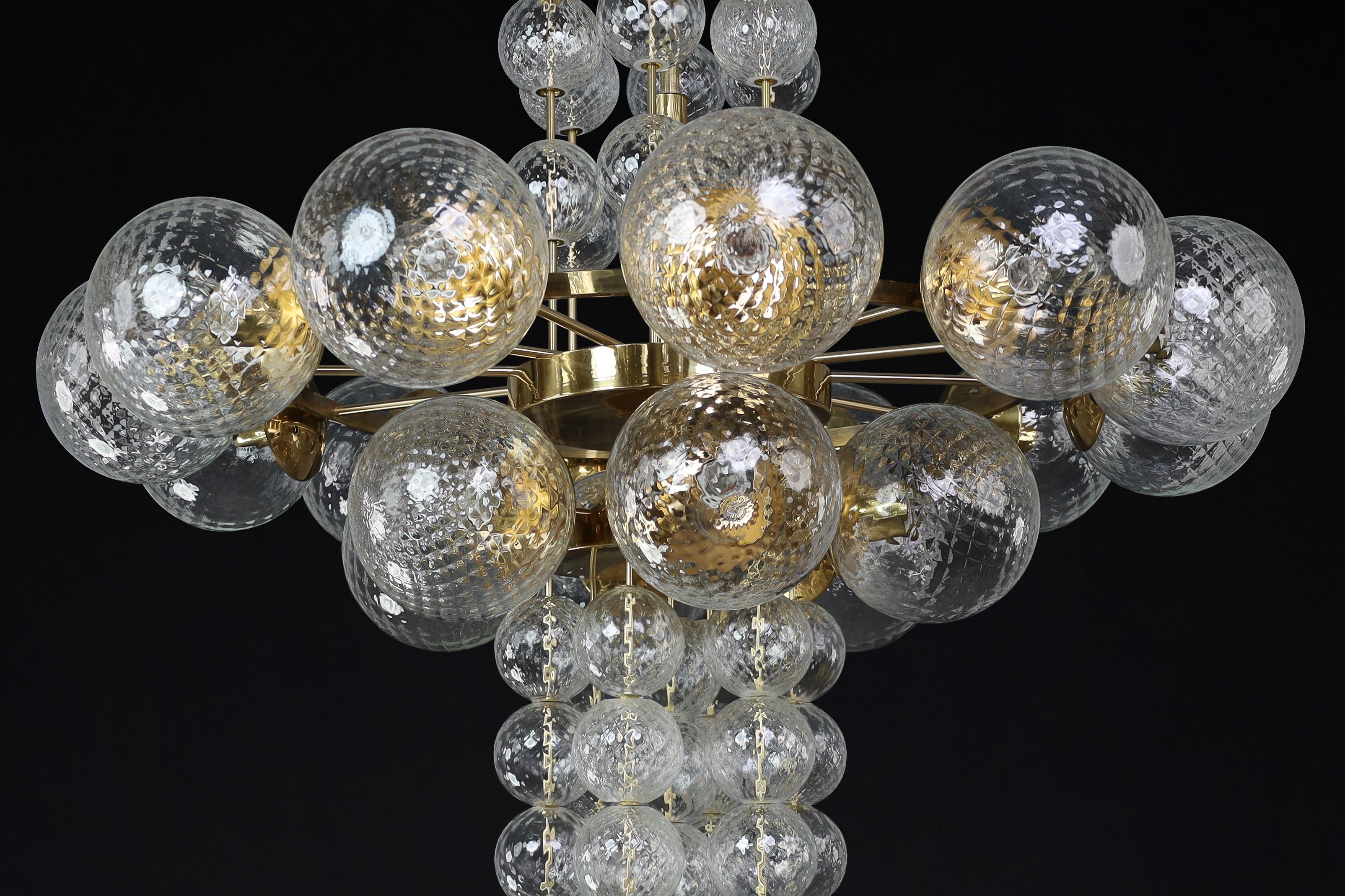 Large Chandelier with brass fixture and hand-blowed glass globes by Preciosa Cz. For Sale 13