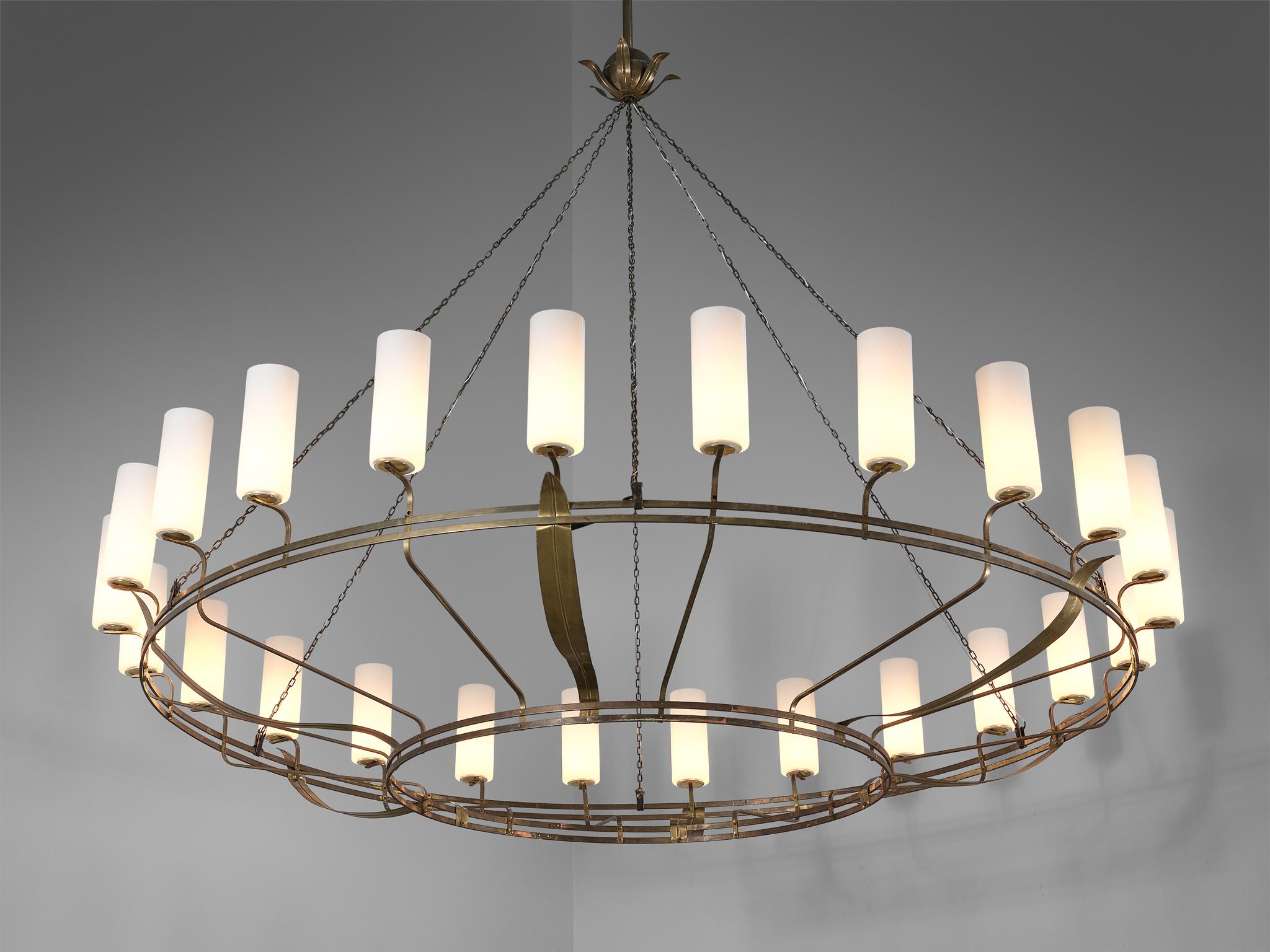Art Deco Large Chandelier with Decorative Elements in Brass and Opaline Glass For Sale