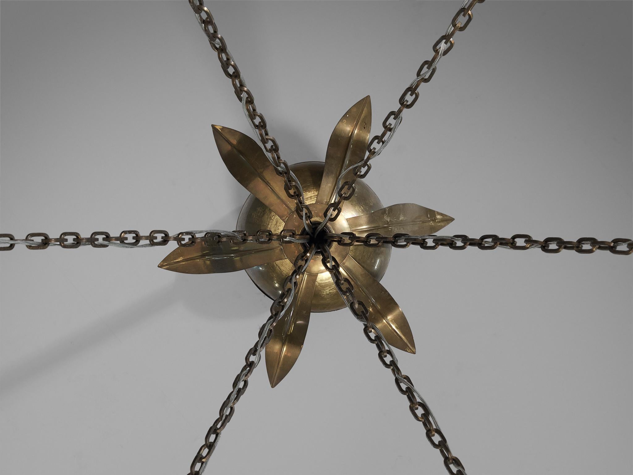 Mid-20th Century Large Chandelier with Decorative Elements in Brass and Opaline Glass For Sale