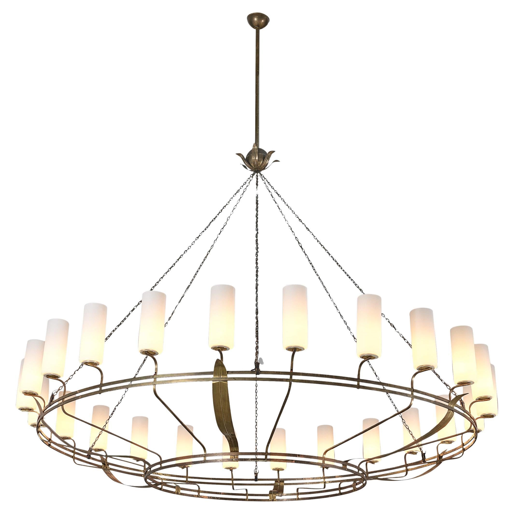 Large Chandelier with Decorative Elements in Brass and Opaline Glass For Sale