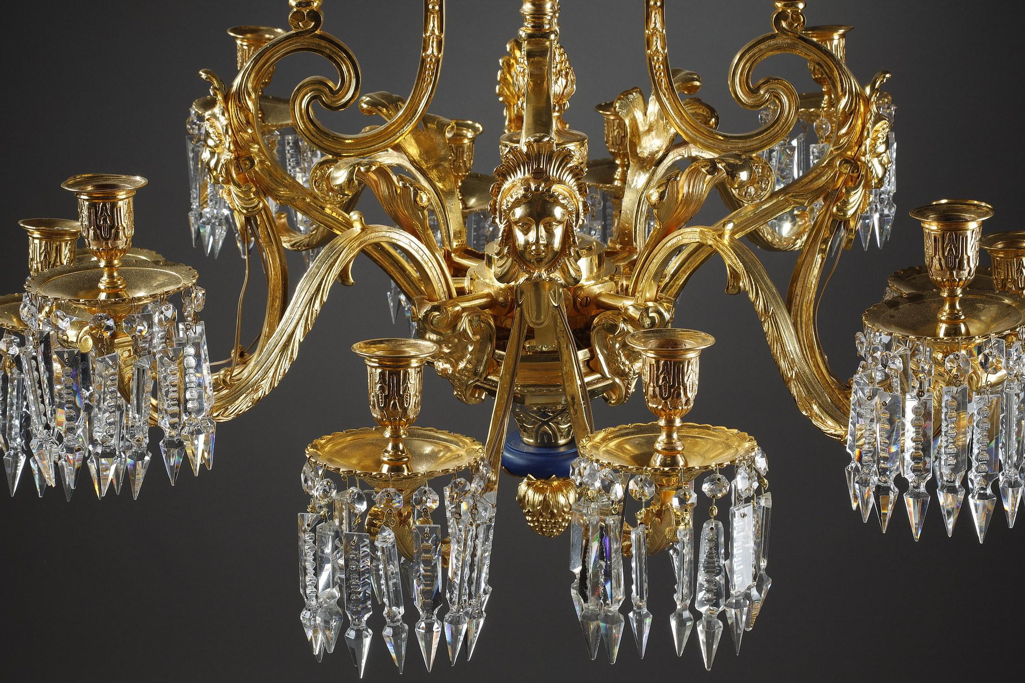 Large Chandelier with Gilt Bronze Crystals and Masks Decorations For Sale 9