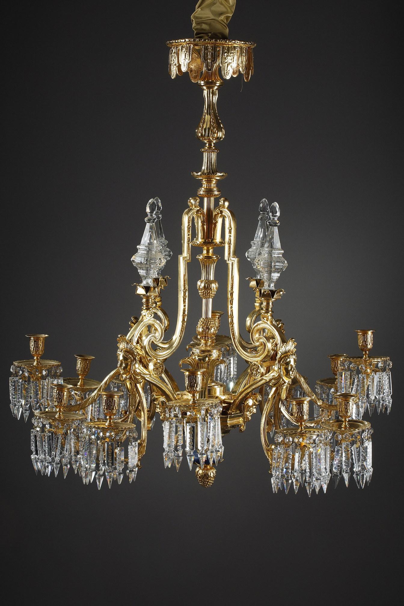 Louis XVI Large Chandelier with Gilt Bronze Crystals and Masks Decorations For Sale