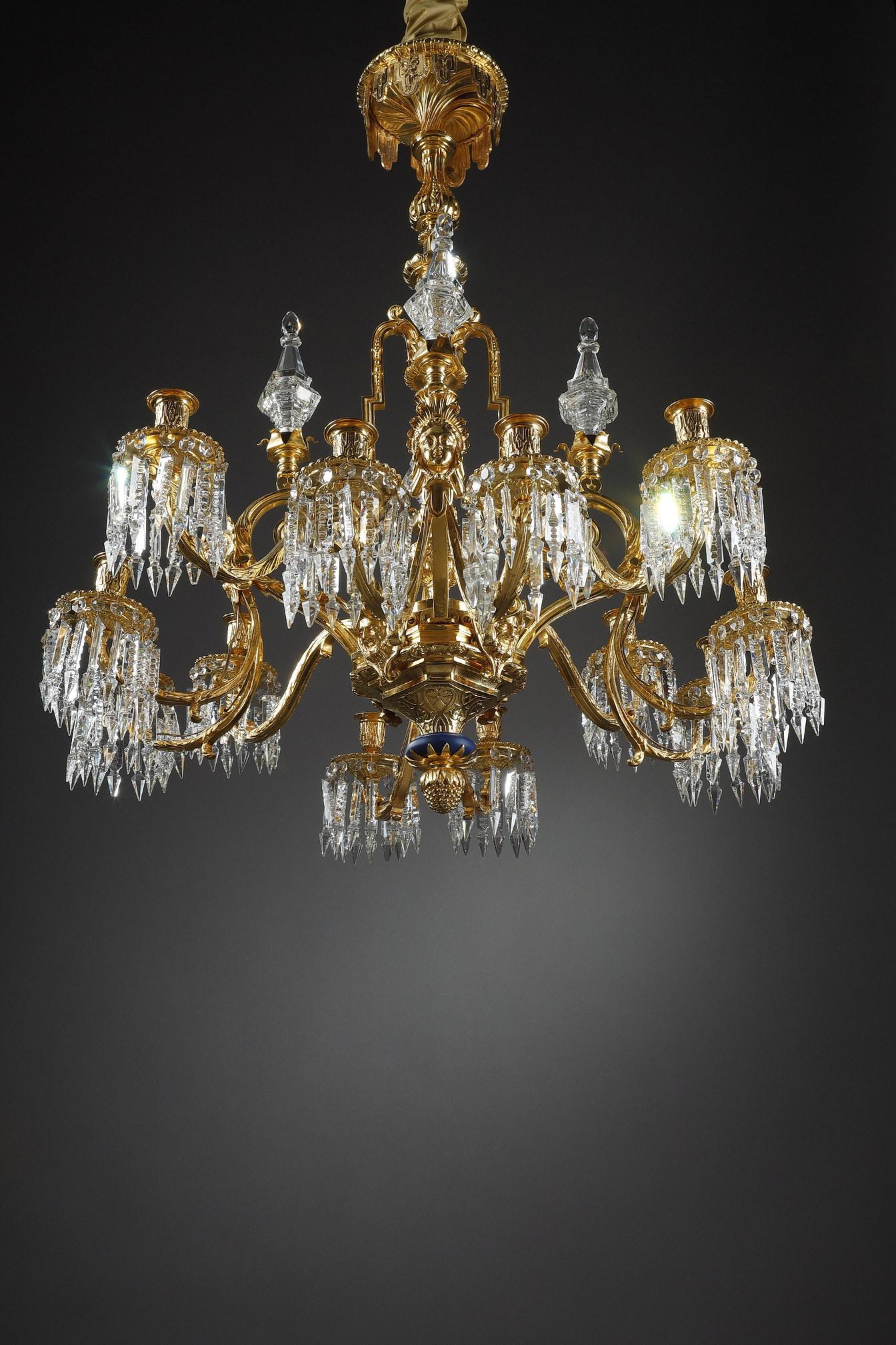 French Large Chandelier with Gilt Bronze Crystals and Masks Decorations For Sale