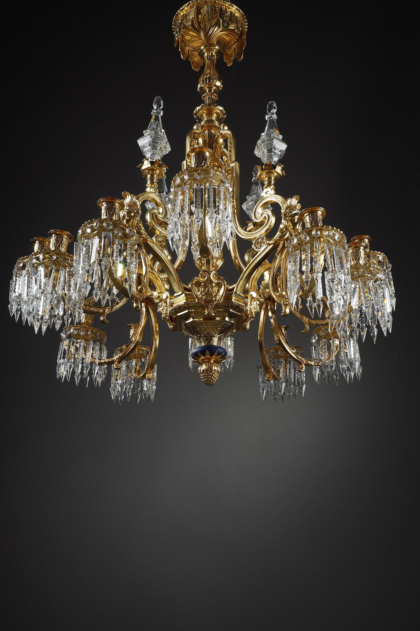 Large Chandelier with Gilt Bronze Crystals and Masks Decorations In Good Condition For Sale In Paris, FR