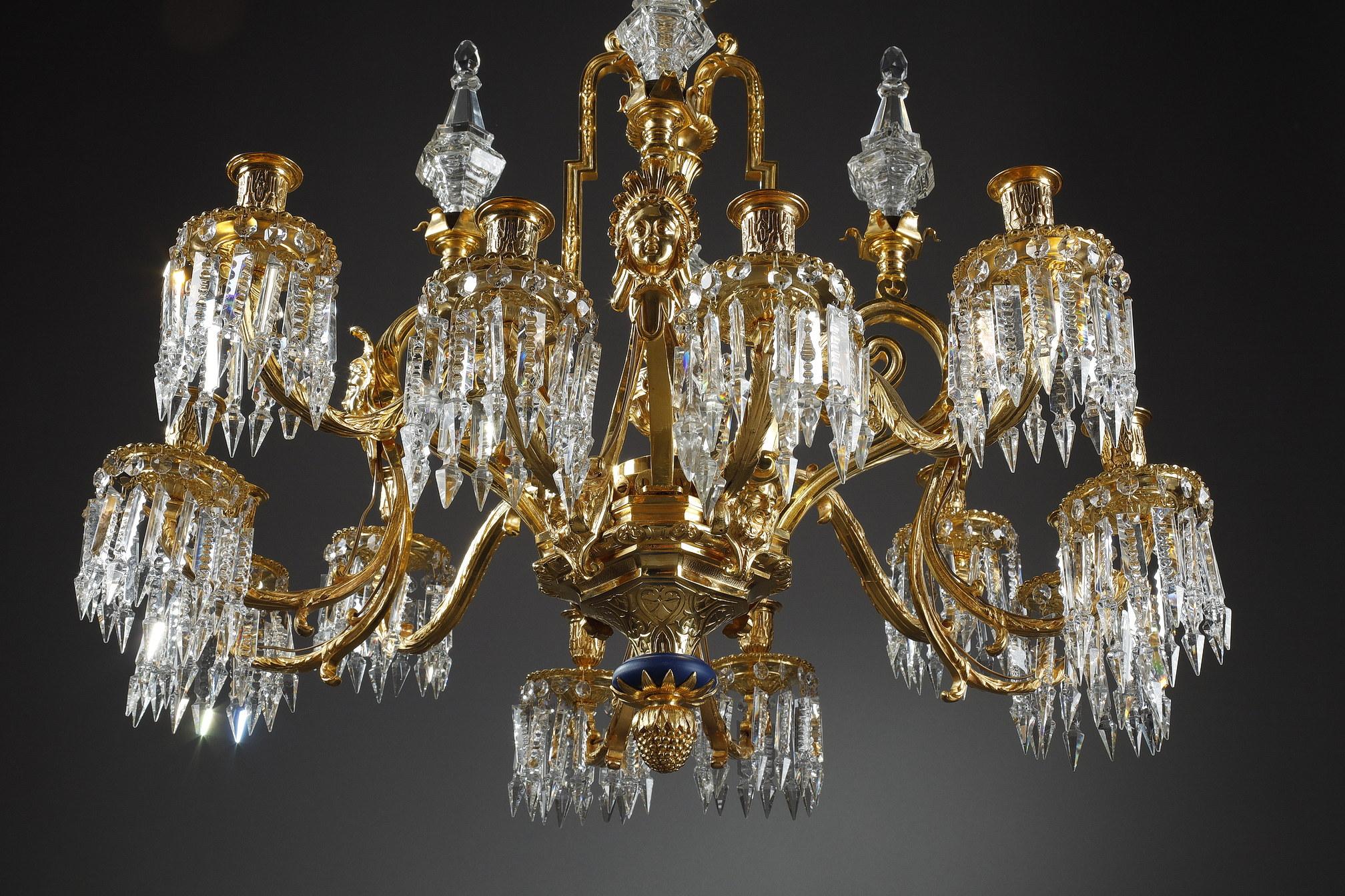 Late 19th Century Large Chandelier with Gilt Bronze Crystals and Masks Decorations For Sale