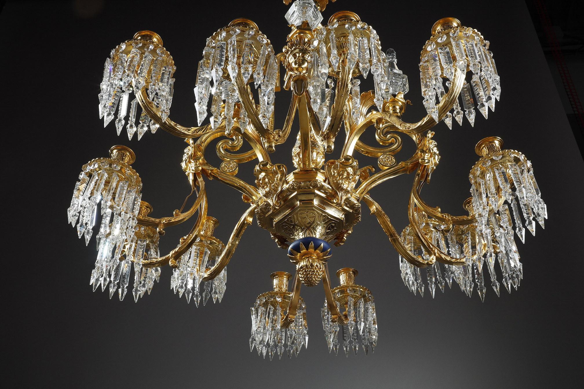 Large Chandelier with Gilt Bronze Crystals and Masks Decorations For Sale 1