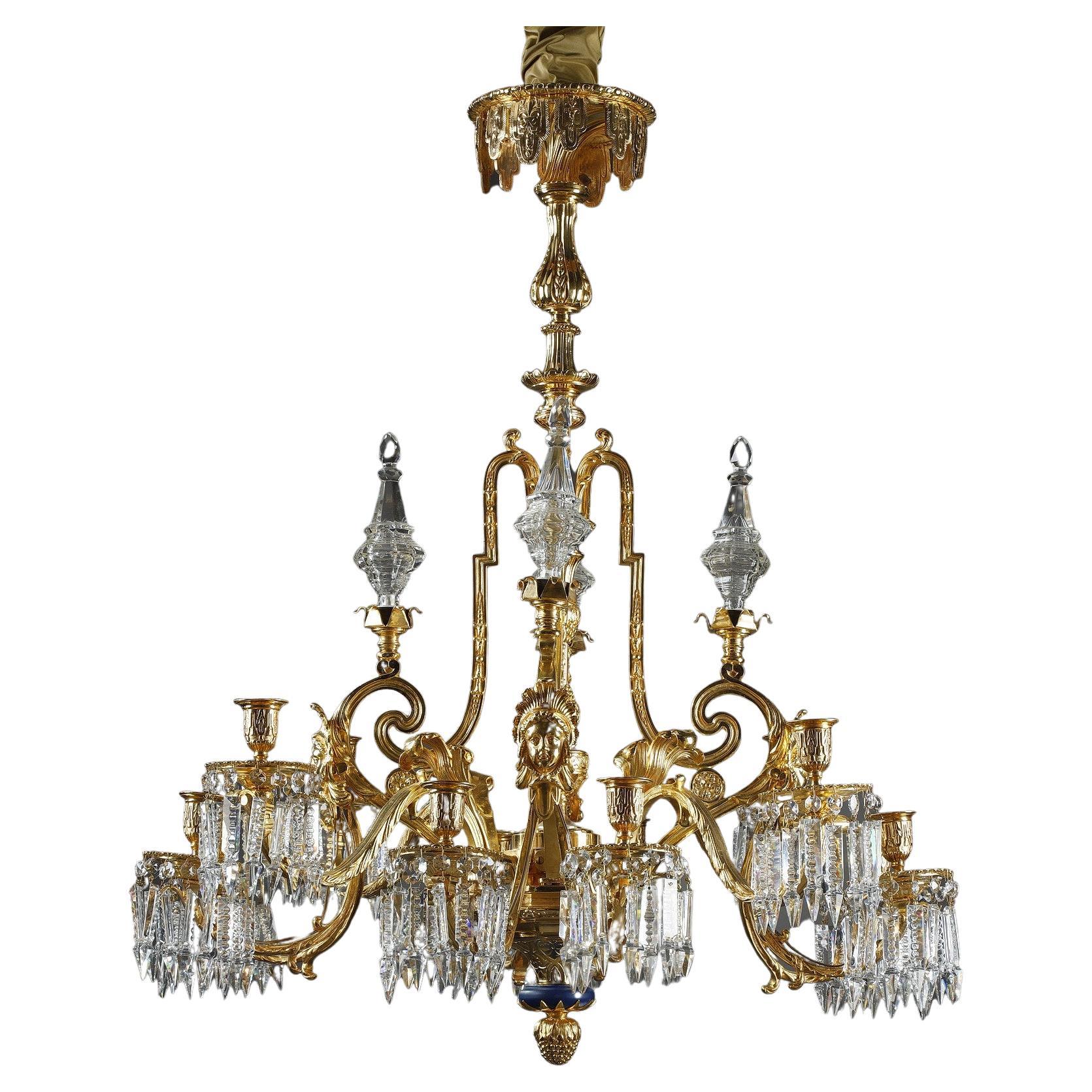 Large Chandelier with Gilt Bronze Crystals and Masks Decorations For Sale