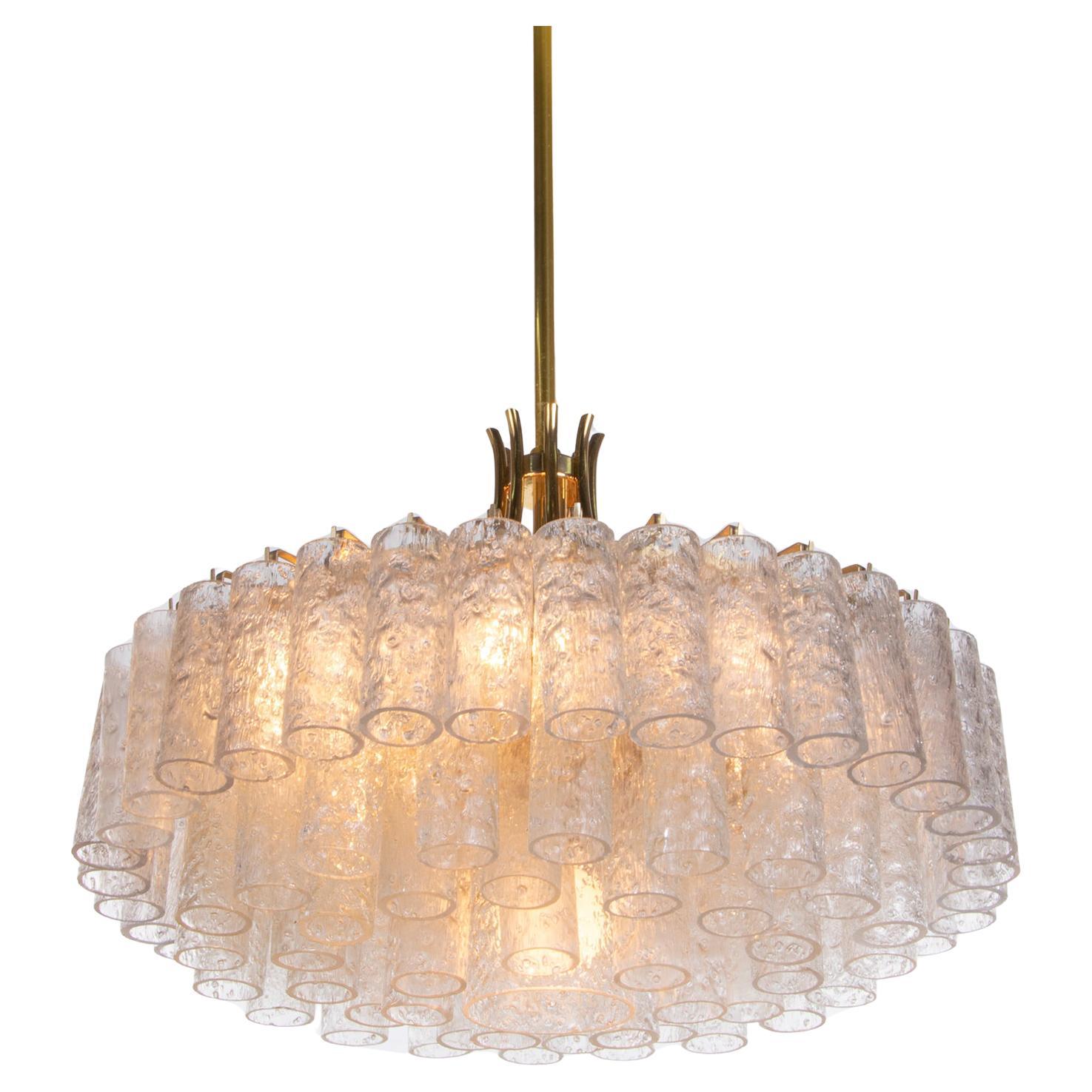 Large Chandelier Murano Glass Tubes & Brass by Doria, Germany, 1960s