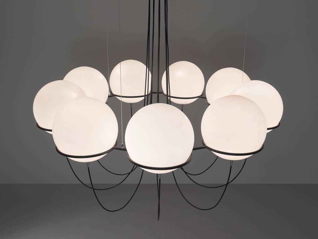 Mid-Century Modern Large Chandelier with Nine Glass Spheres