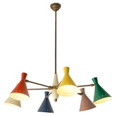 Large Chandelier with Six Colored Shades in Brass and Metal