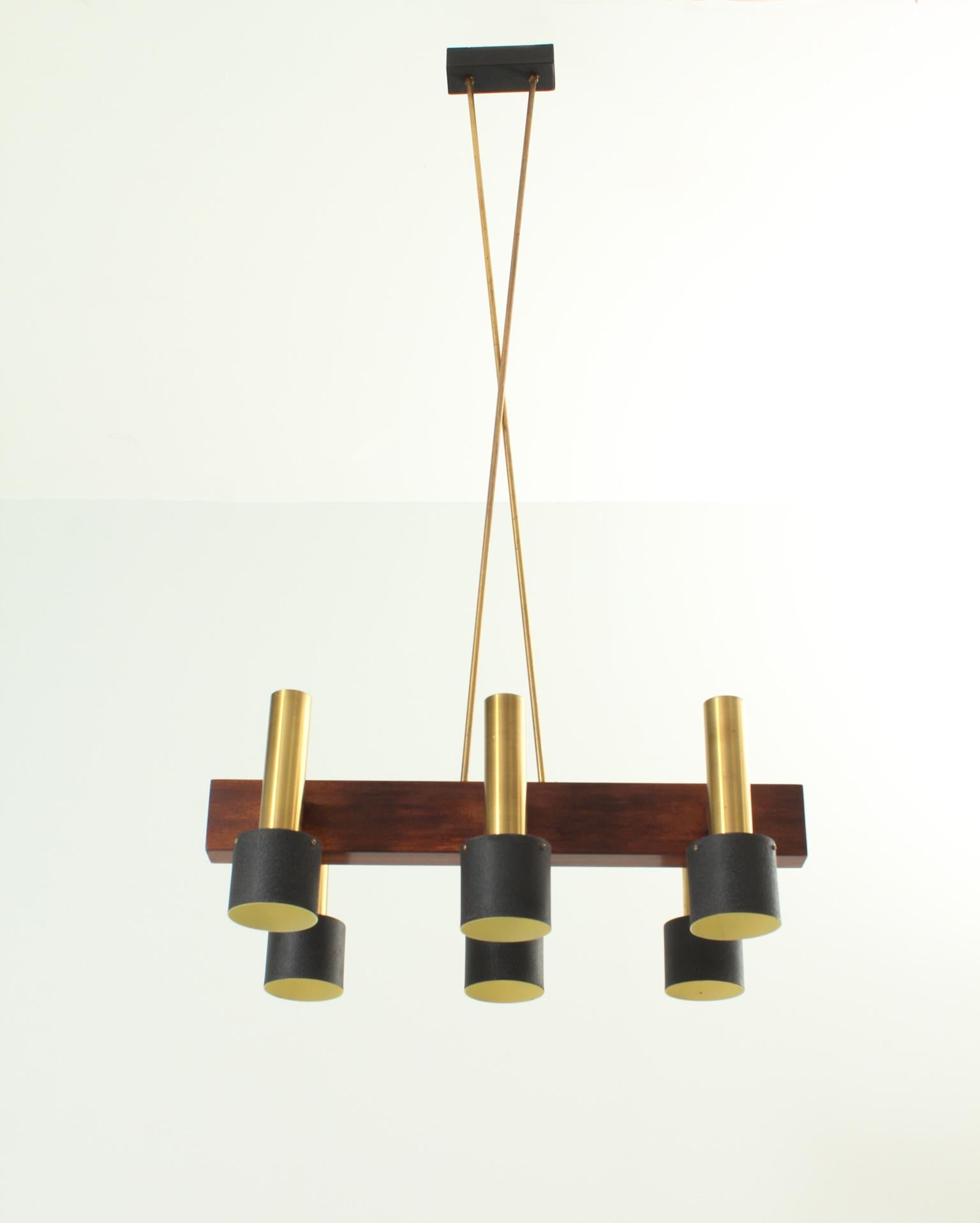 Large pendant lamp with six spotlights from 1950's. Wood, brass and six fixed lights in brass and lacquered metal.