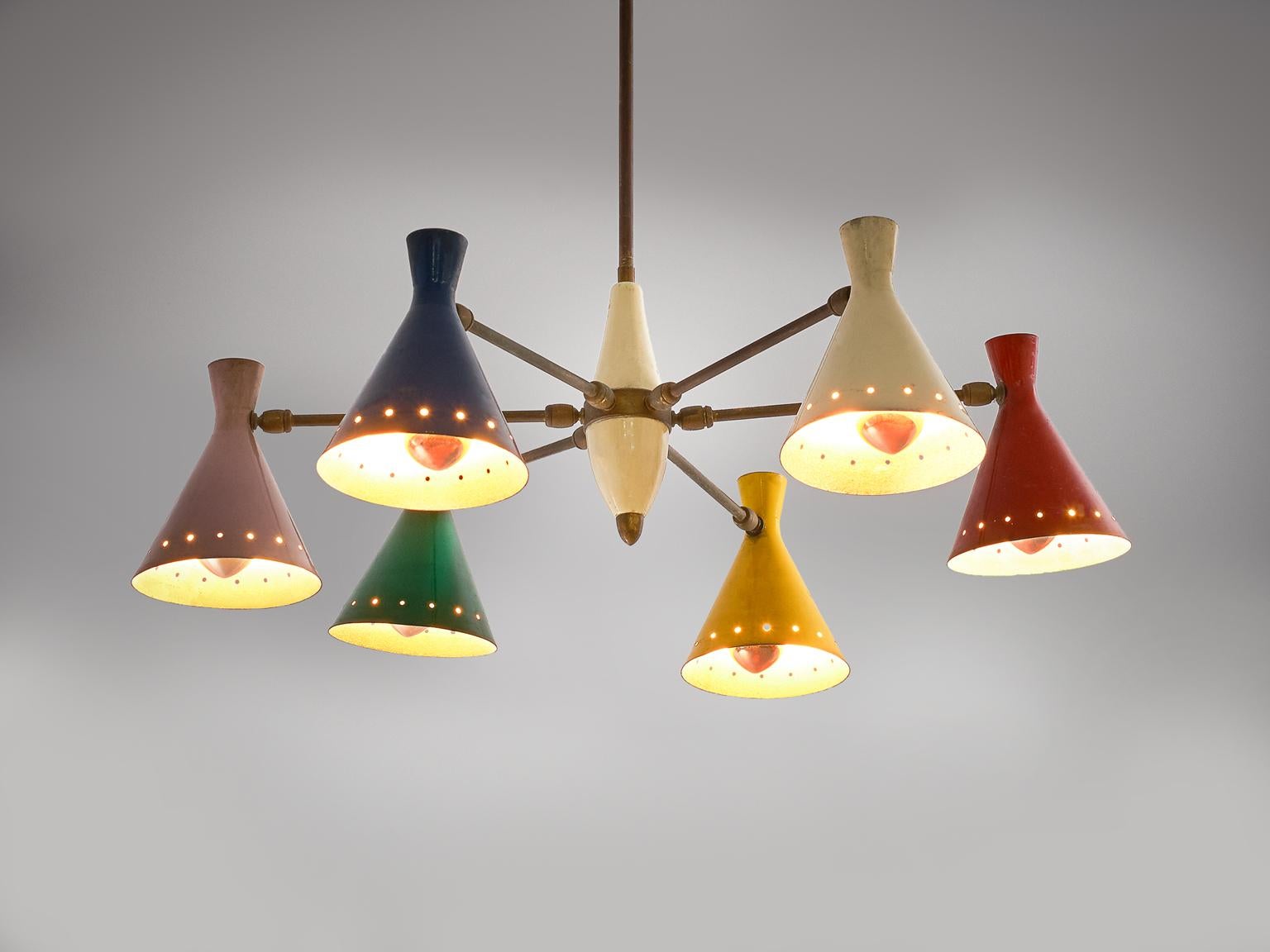 Mid-20th Century Large Chandelier with Six Metal Colored Shades