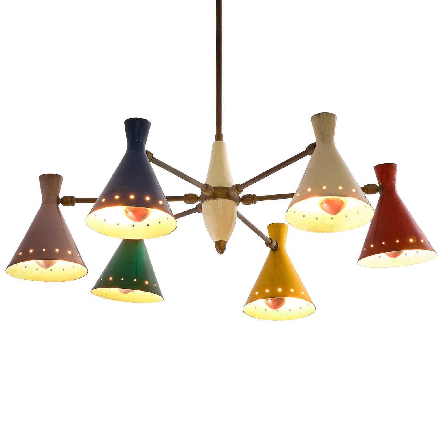 Large Chandelier with Six Metal Colored Shades