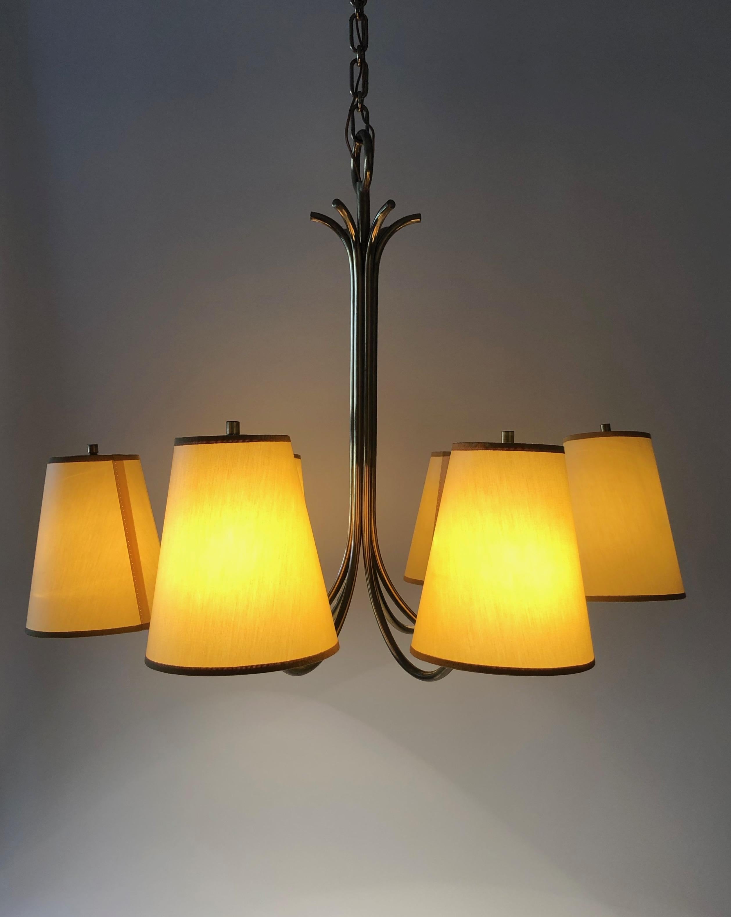 Large Chandelier with Six Shades in Brass from Josef Frank , Austria For Sale 7