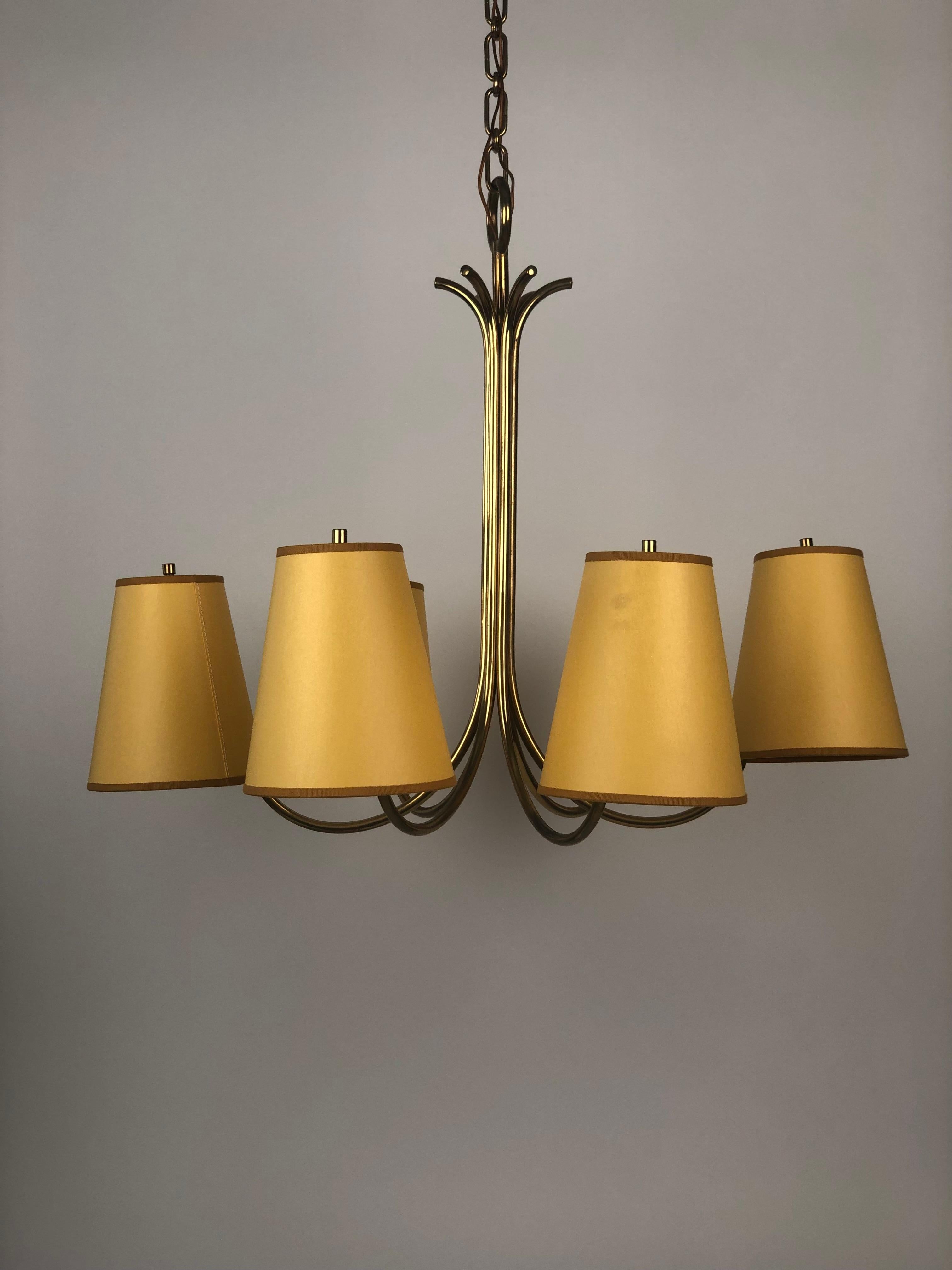 Austrian Large Chandelier with Six Shades in Brass from Josef Frank , Austria For Sale