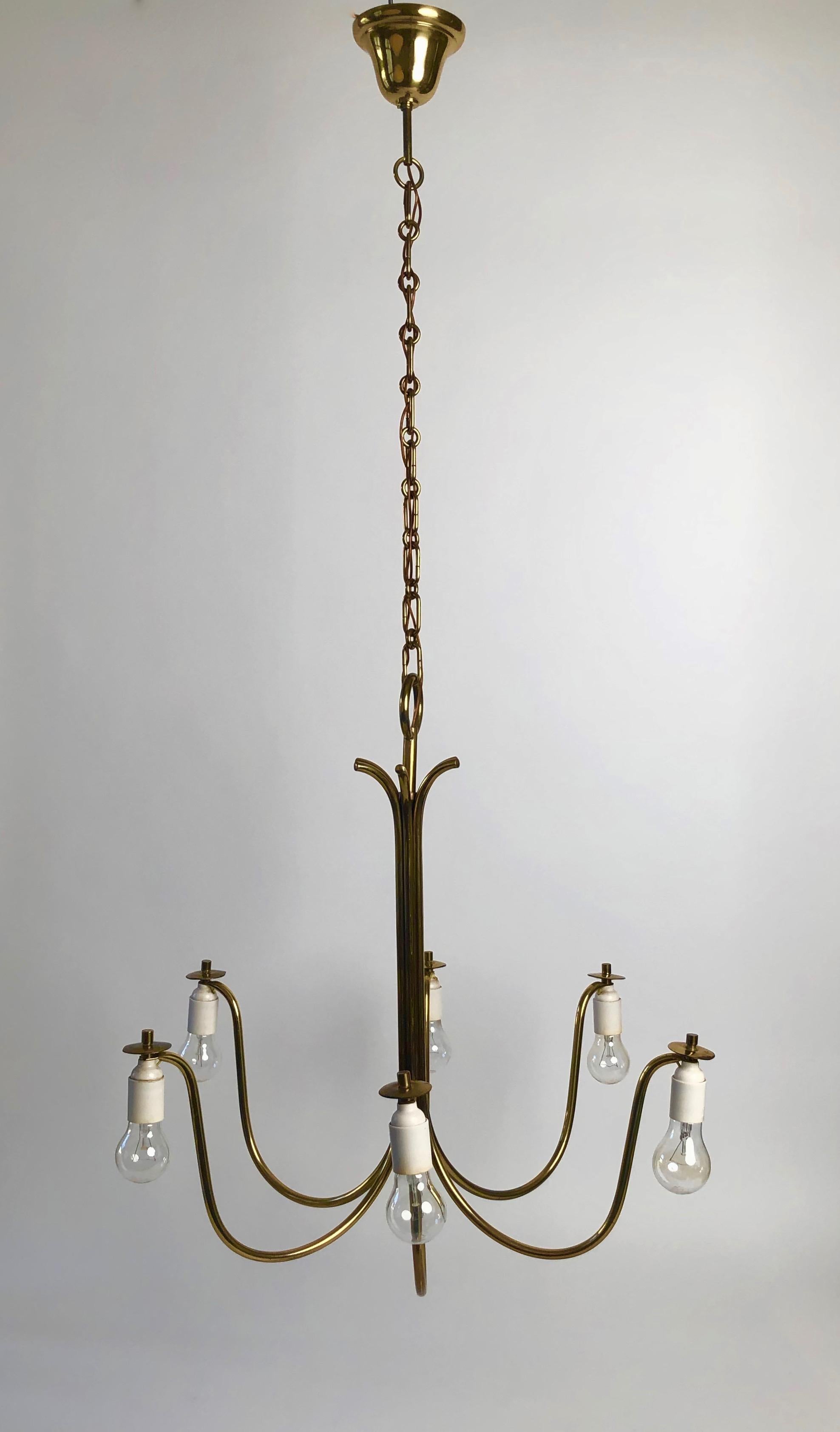 Polished Large Chandelier with Six Shades in Brass from Josef Frank , Austria For Sale