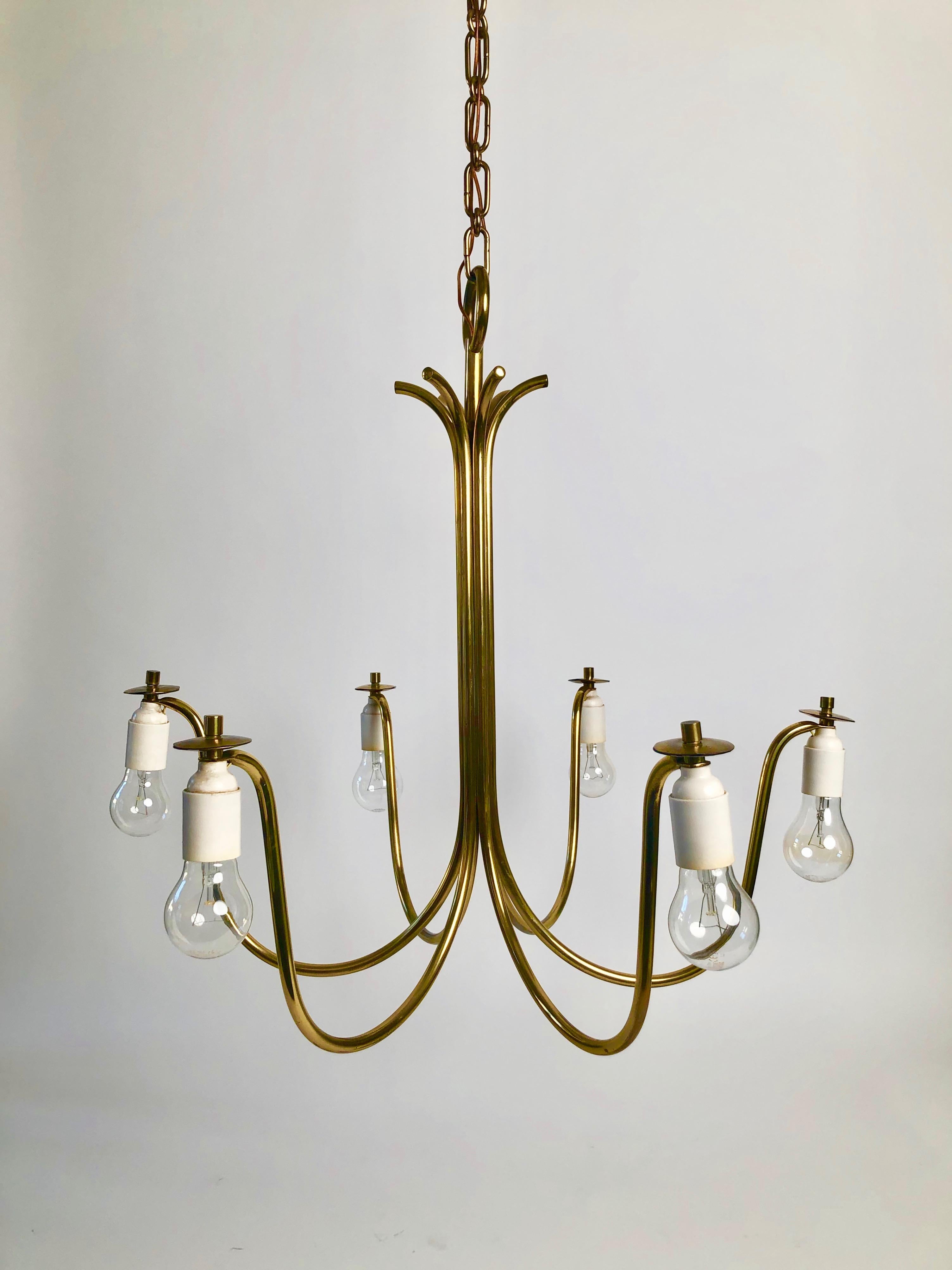 Mid-20th Century Large Chandelier with Six Shades in Brass from Josef Frank , Austria For Sale