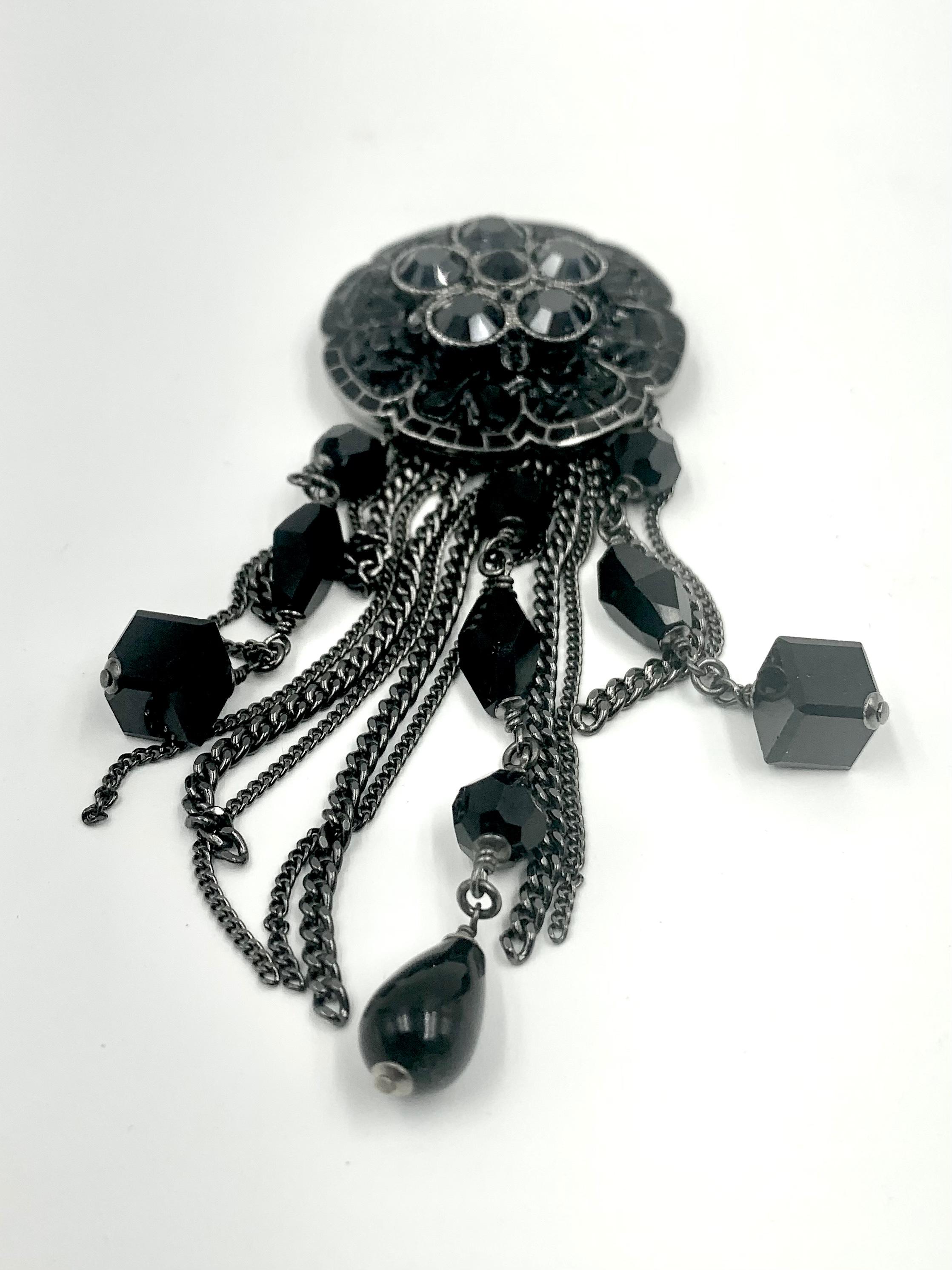 Large Chanel Black Poured Resin and Faceted Bead Camelia Brooch, circa 2000 2