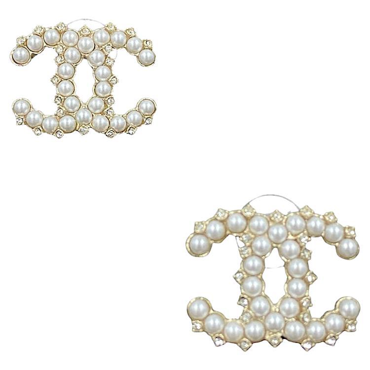 Large CHANEL CC Stud Earrings with Pearls and Rhinestones at