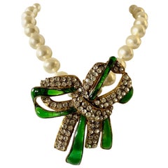 Large Chanel Pearl and Diamante Bow Statement Necklace 