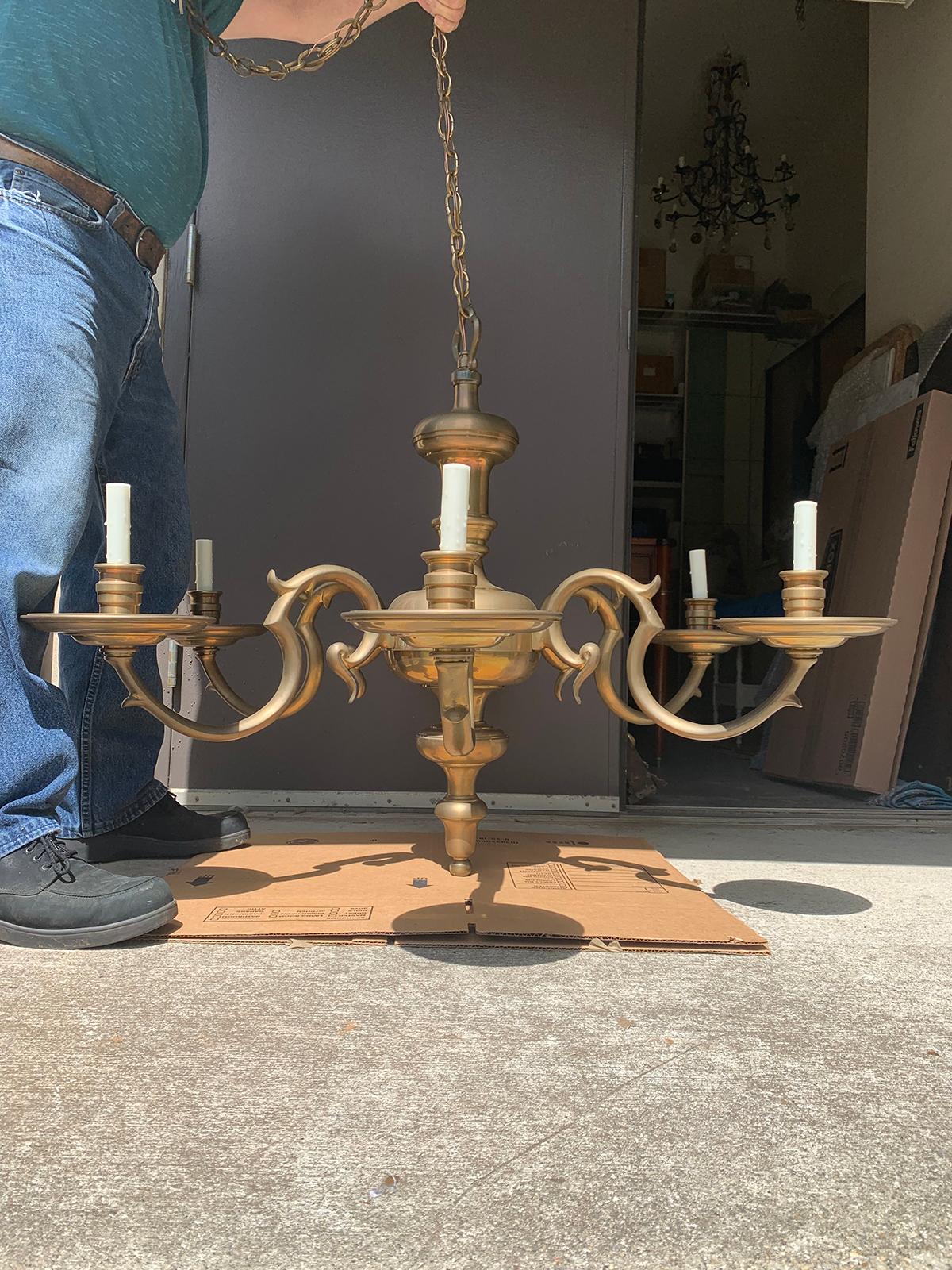 Large Chapman Solid Brass Six-Arm Chandelier, circa 1970s In Good Condition In Atlanta, GA