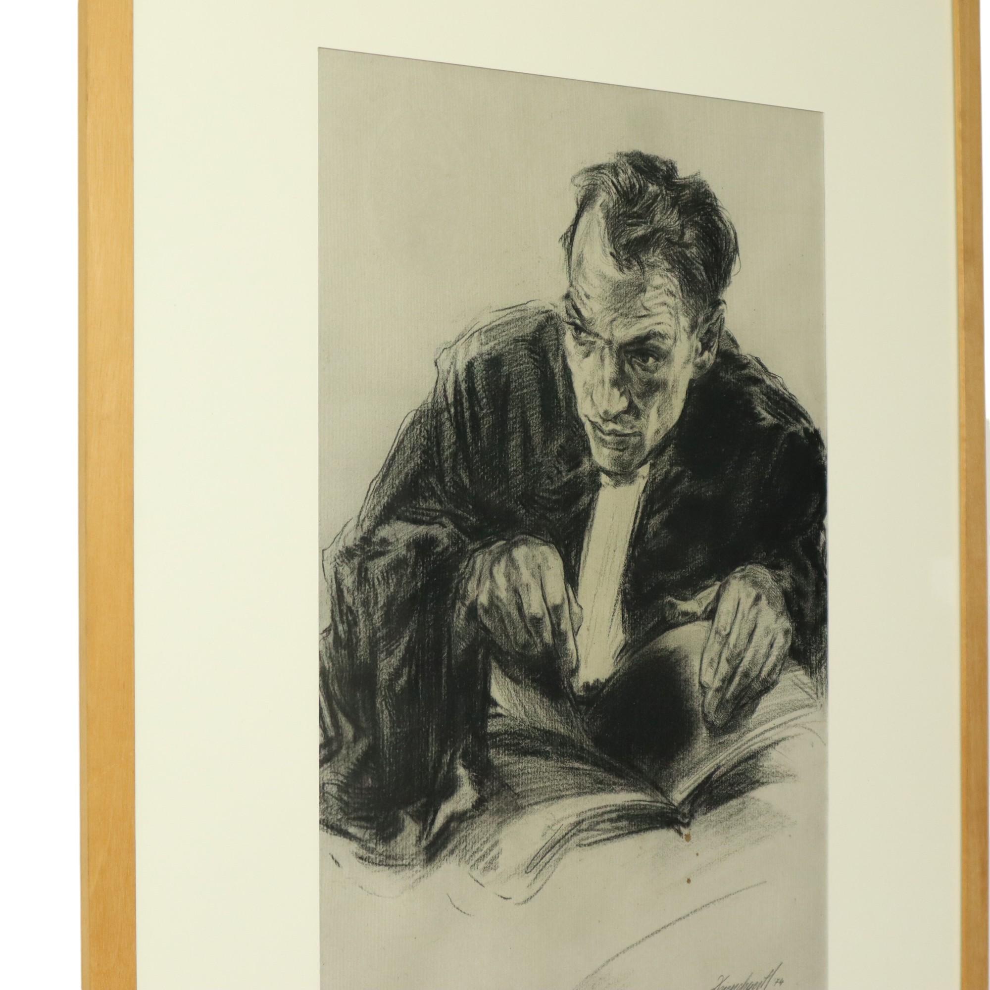 Gran dibujo a carboncillo Abogado Art Driesschaert Fechado en 1974 en venta 5