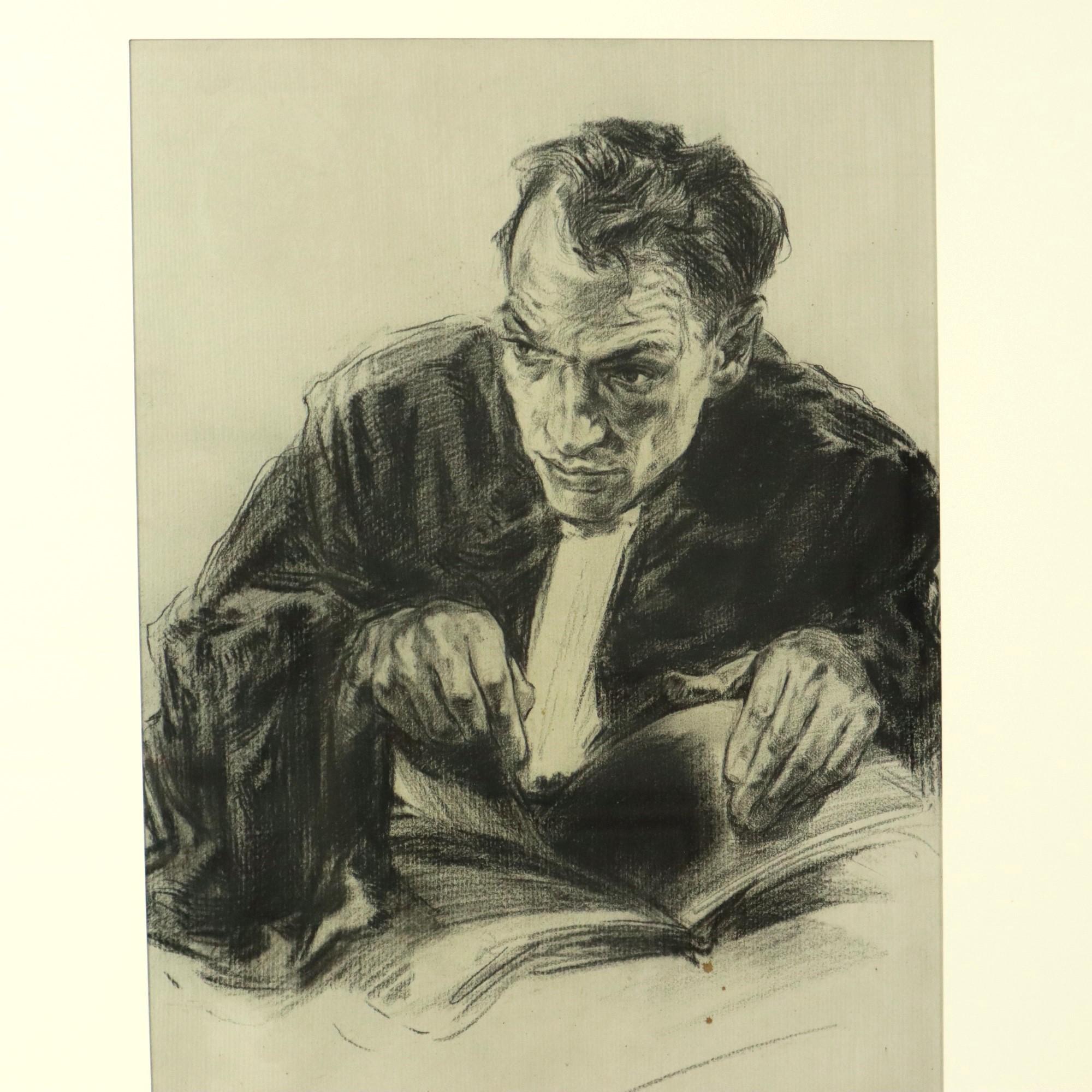 Precioso dibujo a carboncillo de gran tamaño de un consejero o abogado, obra original de Herwig Driesschaert (1938-2010), firmado y fechado en 1974, Bélgica, abajo a la derecha. La obra, muy bella y con muchos detalles, está enmarcada en un marco de