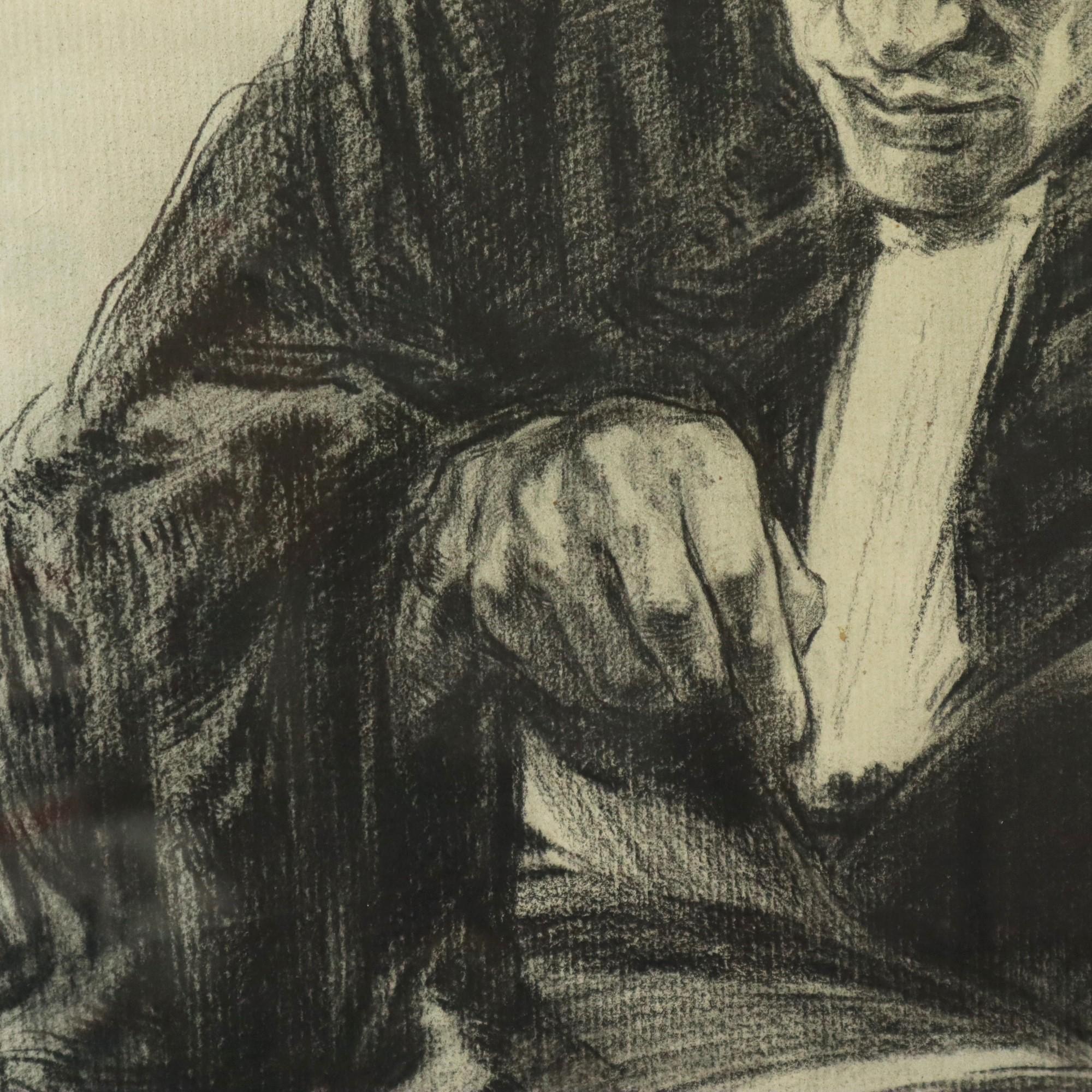 Gran dibujo a carboncillo Abogado Art Driesschaert Fechado en 1974 Hecho a mano en venta