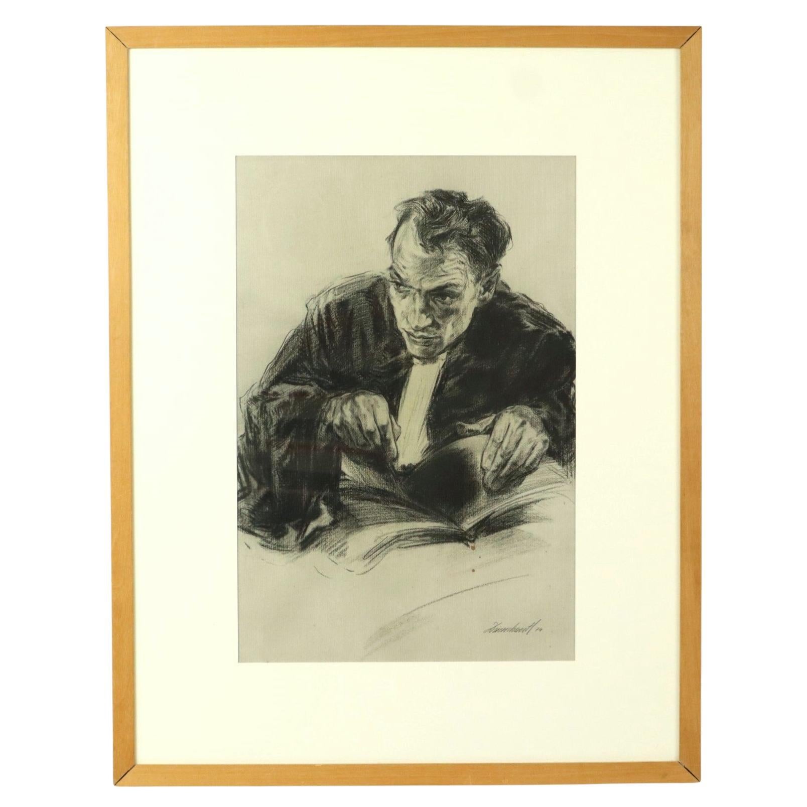 Grande disegno a carboncino dell'avvocato Art Driesschaert datato 1974
