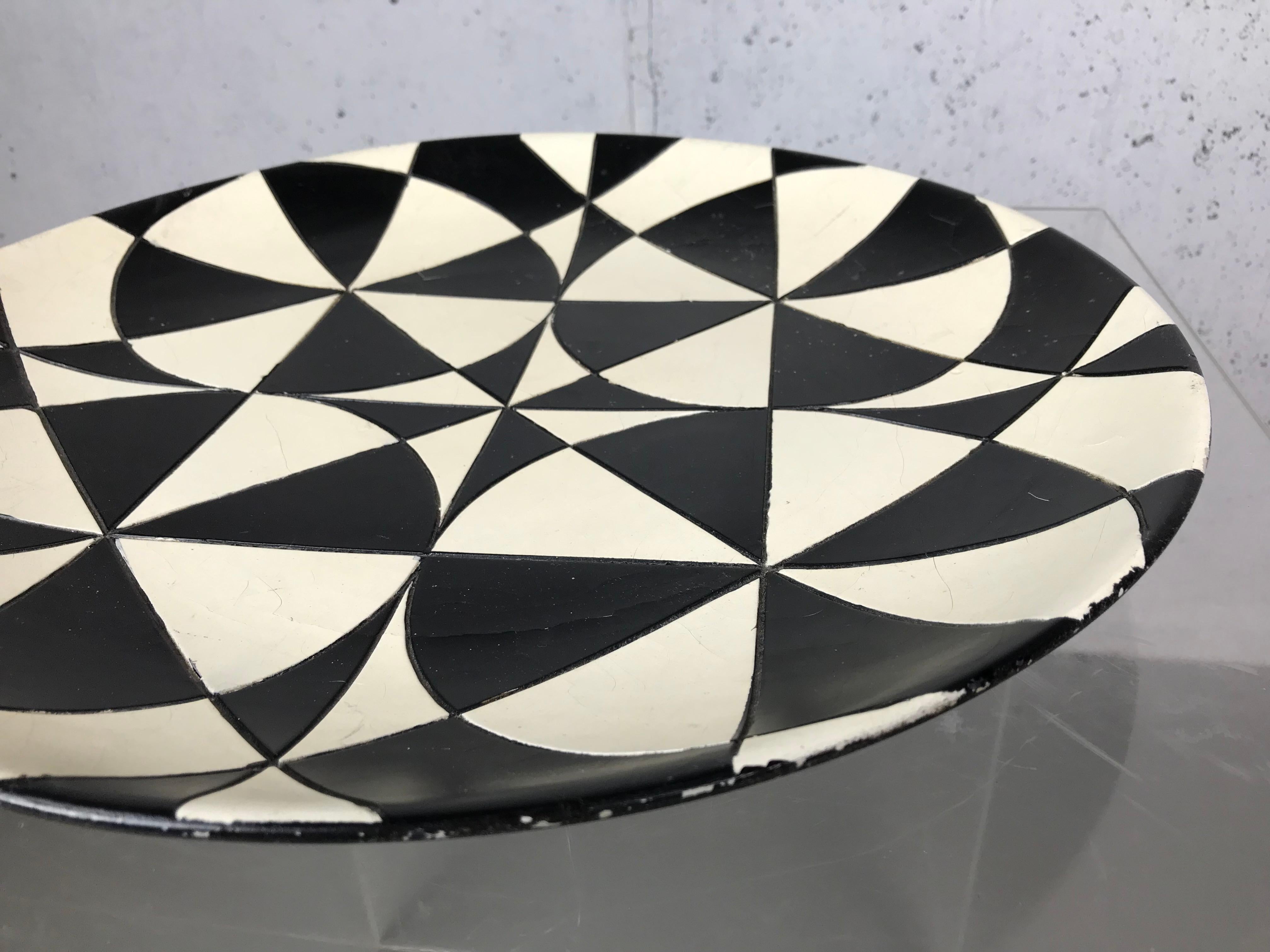 Mid-Century Modern Large Charger Black and White Op Art Ceramic Bowl